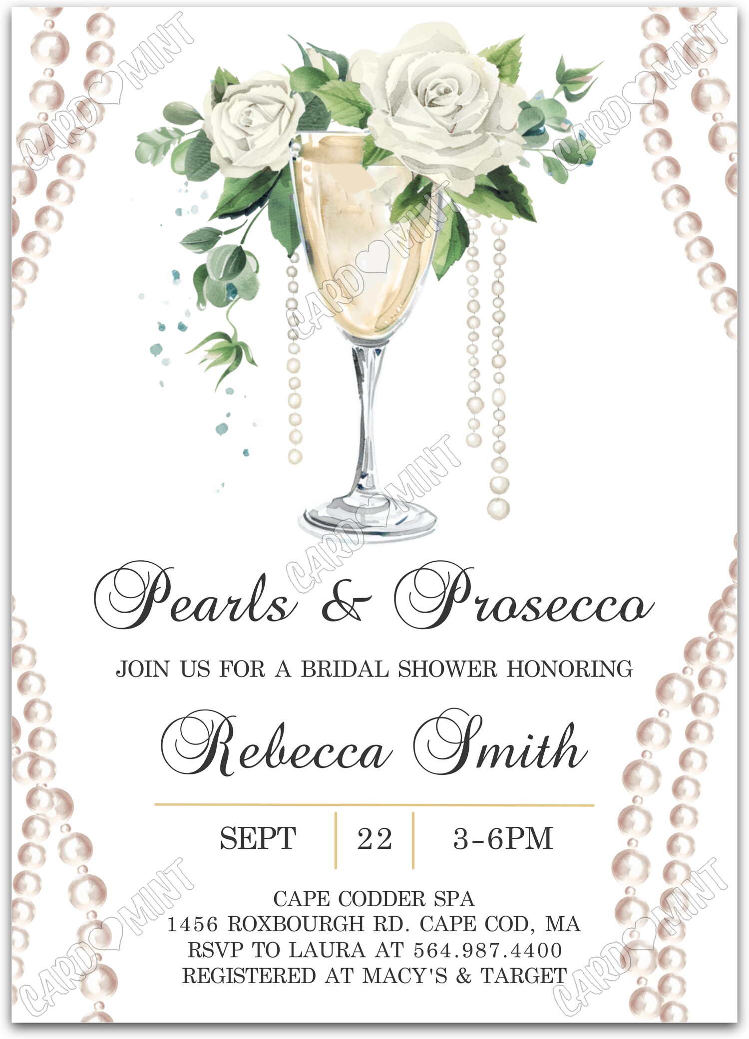 Editable White Pearls and Prosecco white wine & white roses Douche nuptiale Invitation EV1432