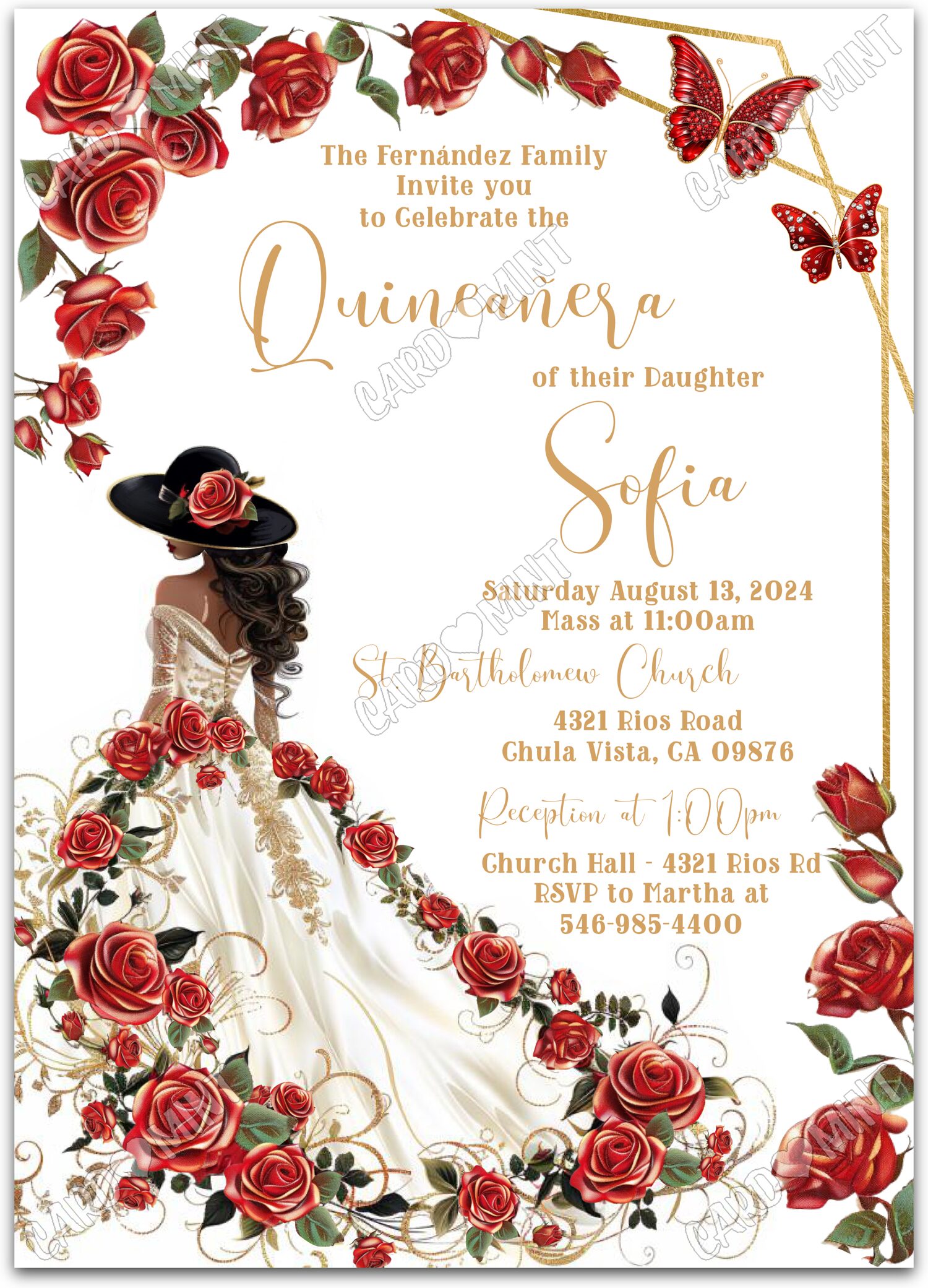 Editable Quinceañera white white dress & red roses girl White Quince 5"x7" Invitation EV1433