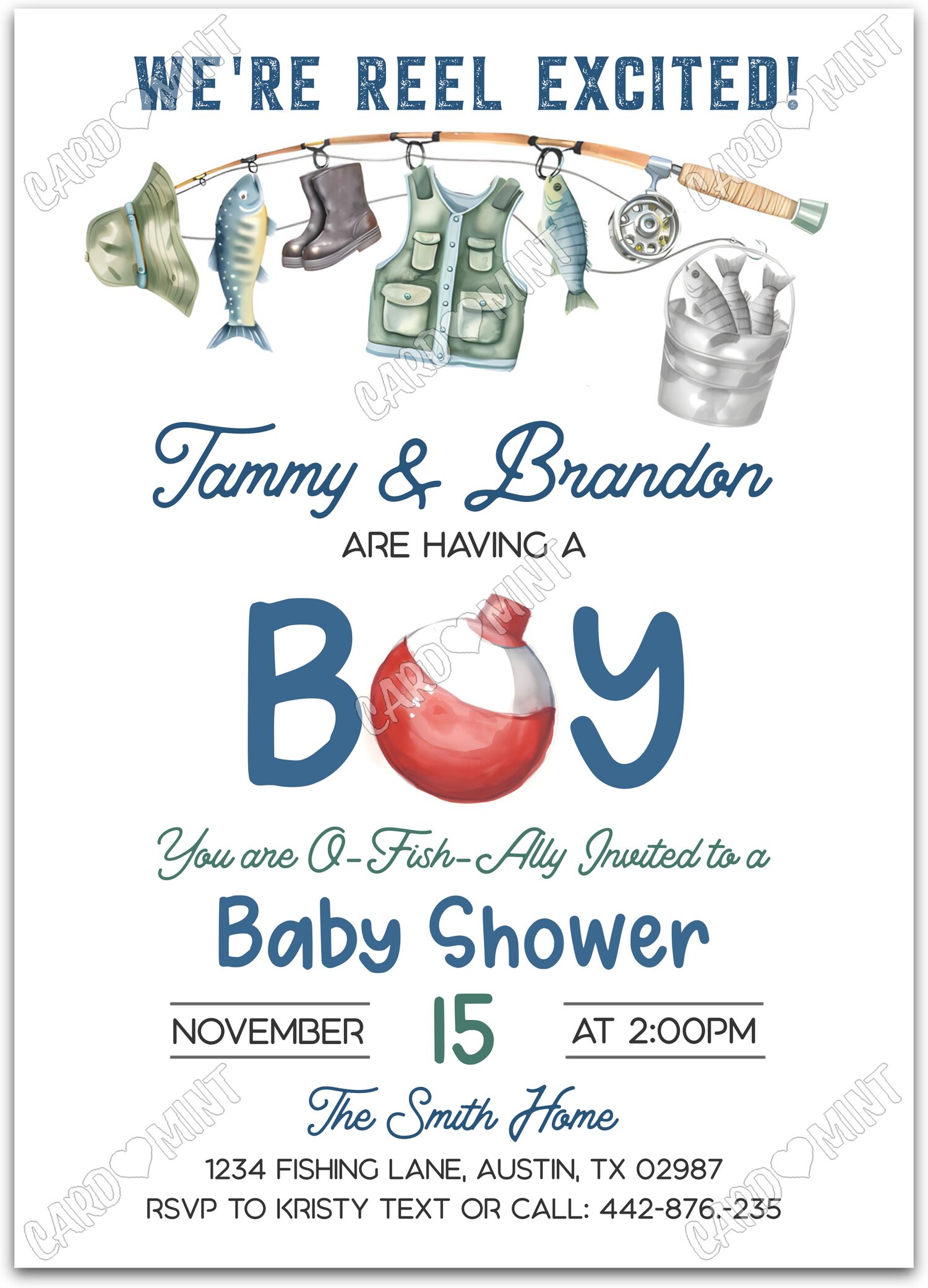 Editable We're Reel Excited white fishing tackle boy Baby Shower 5"x7" Invitation EV1436