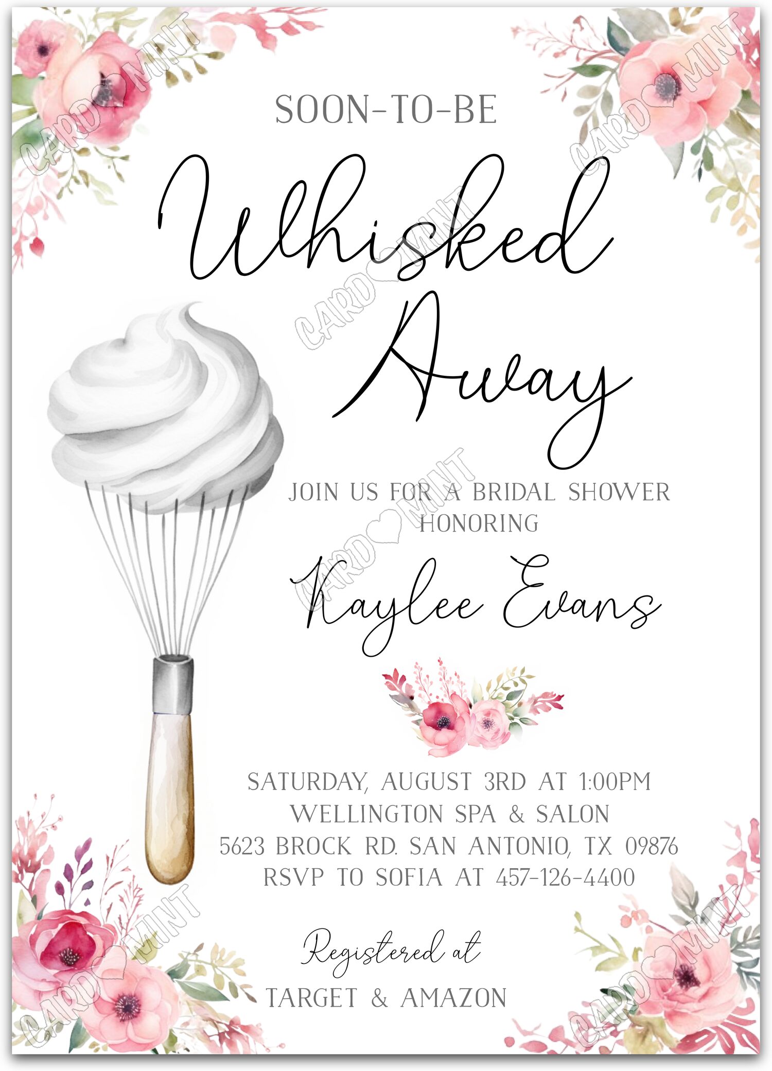 Editable Whisked Away white whisk & cream Bridal Shower 5"x7" Invitation EV1438