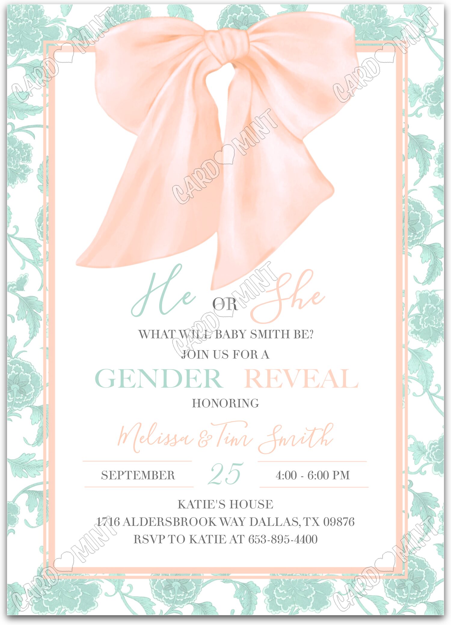 Editable He or She white peach bow Gender Reveal 5"x7" Invitation EV1439