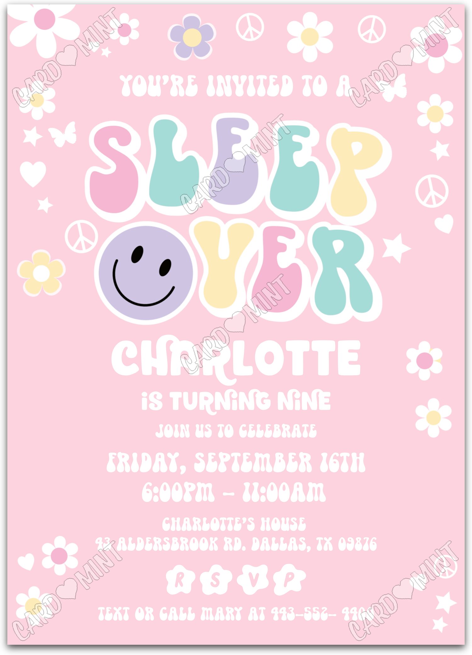 Editable Sleepover pink peace symbols and flowers girl Birthday Party 5"x7" Invitation EV1440