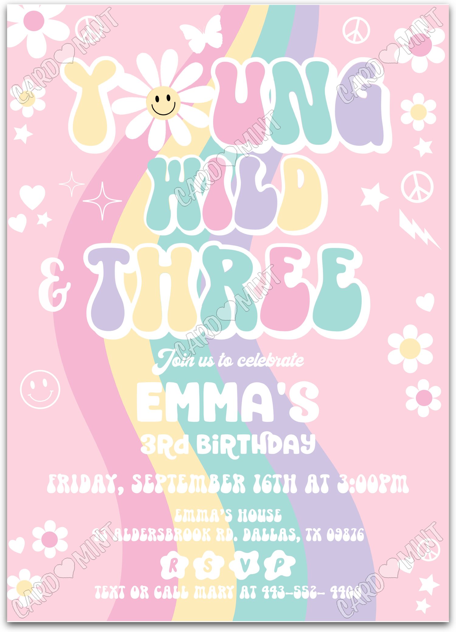 Editable Young Wild & Three pink peace symbols and flowers girl Fête d'Anniversaire 5"x7" Invitation EV1441