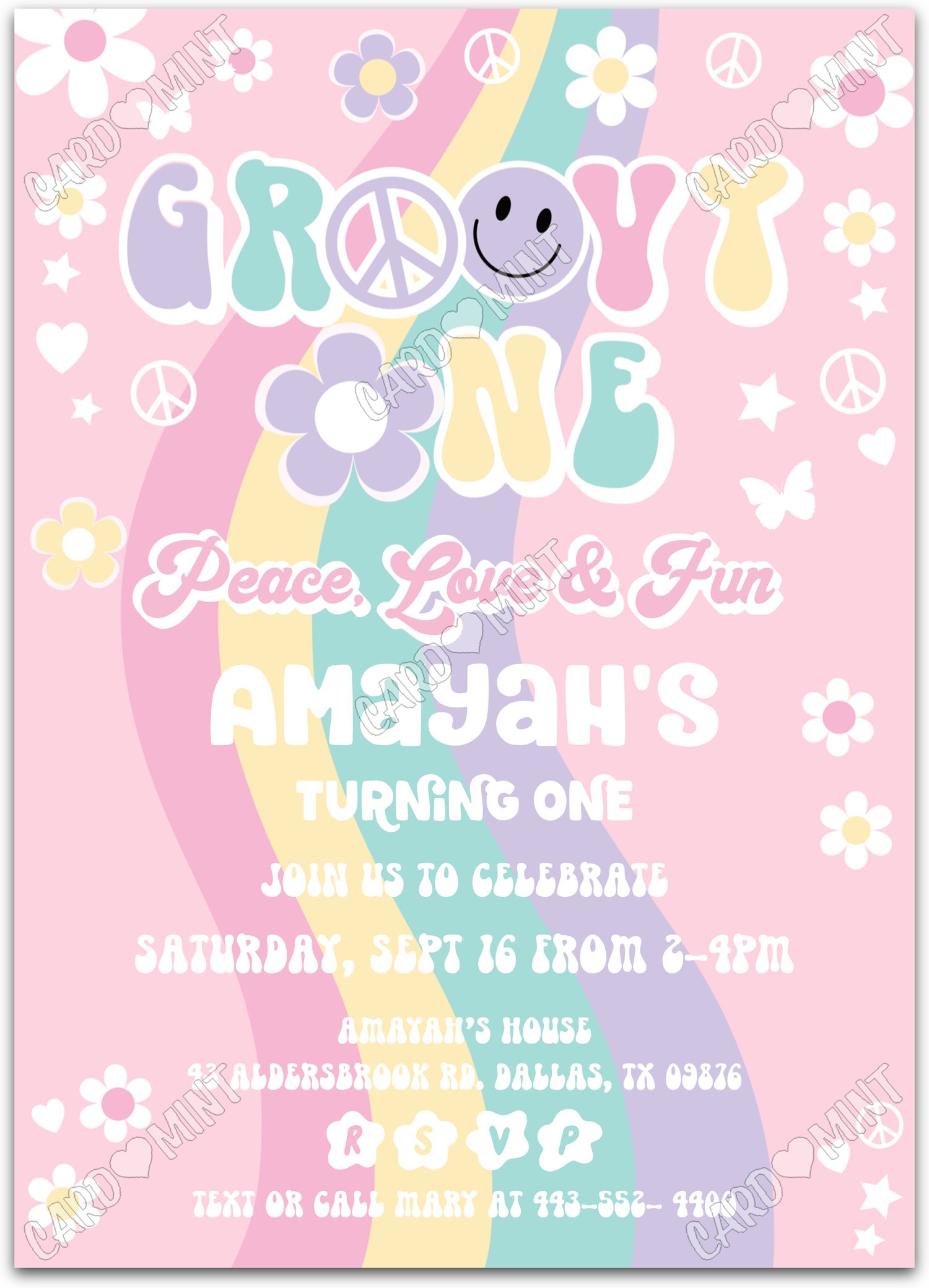 Editable Groovy One pink peace symbols & flowers girl First Birthday Party 5"x7" Invitation EV1442