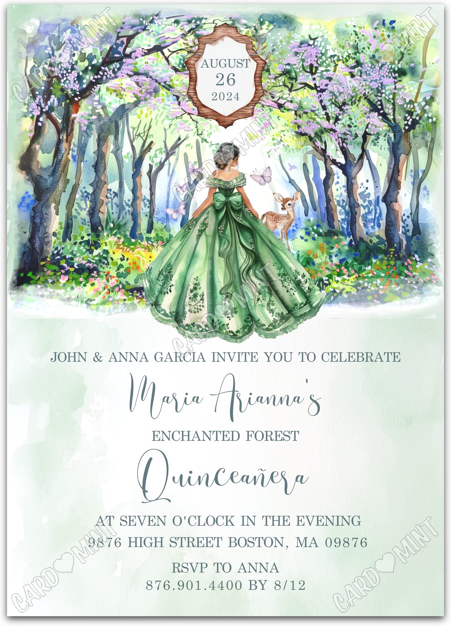 Editable Enchanted Forest green deer in forest girl Green Quince 5"x7" Invitation EV1443