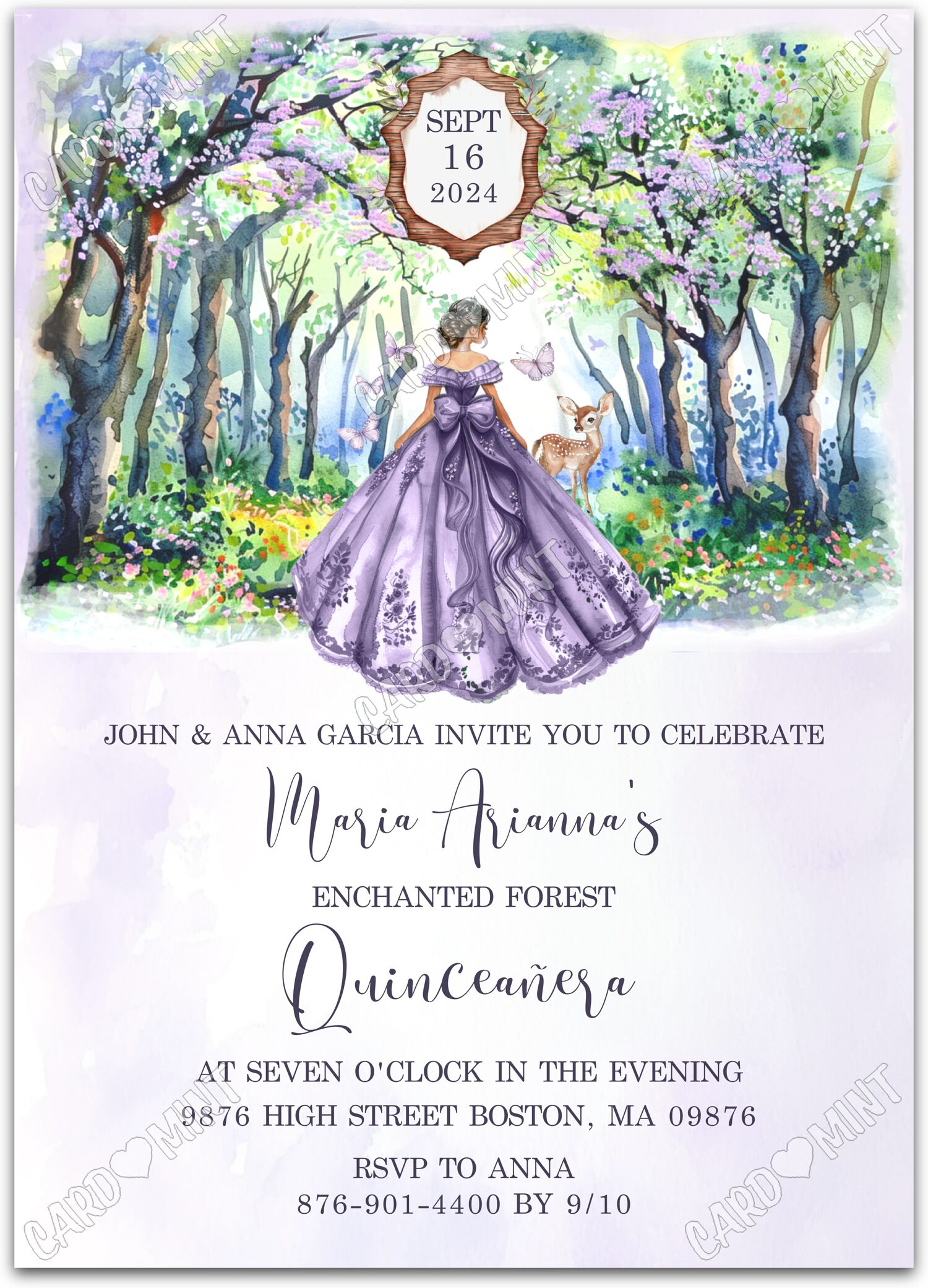 Editable Enchanted Forest purple deer in forest girl Purple Quince 5"x7" Invitation EV1444