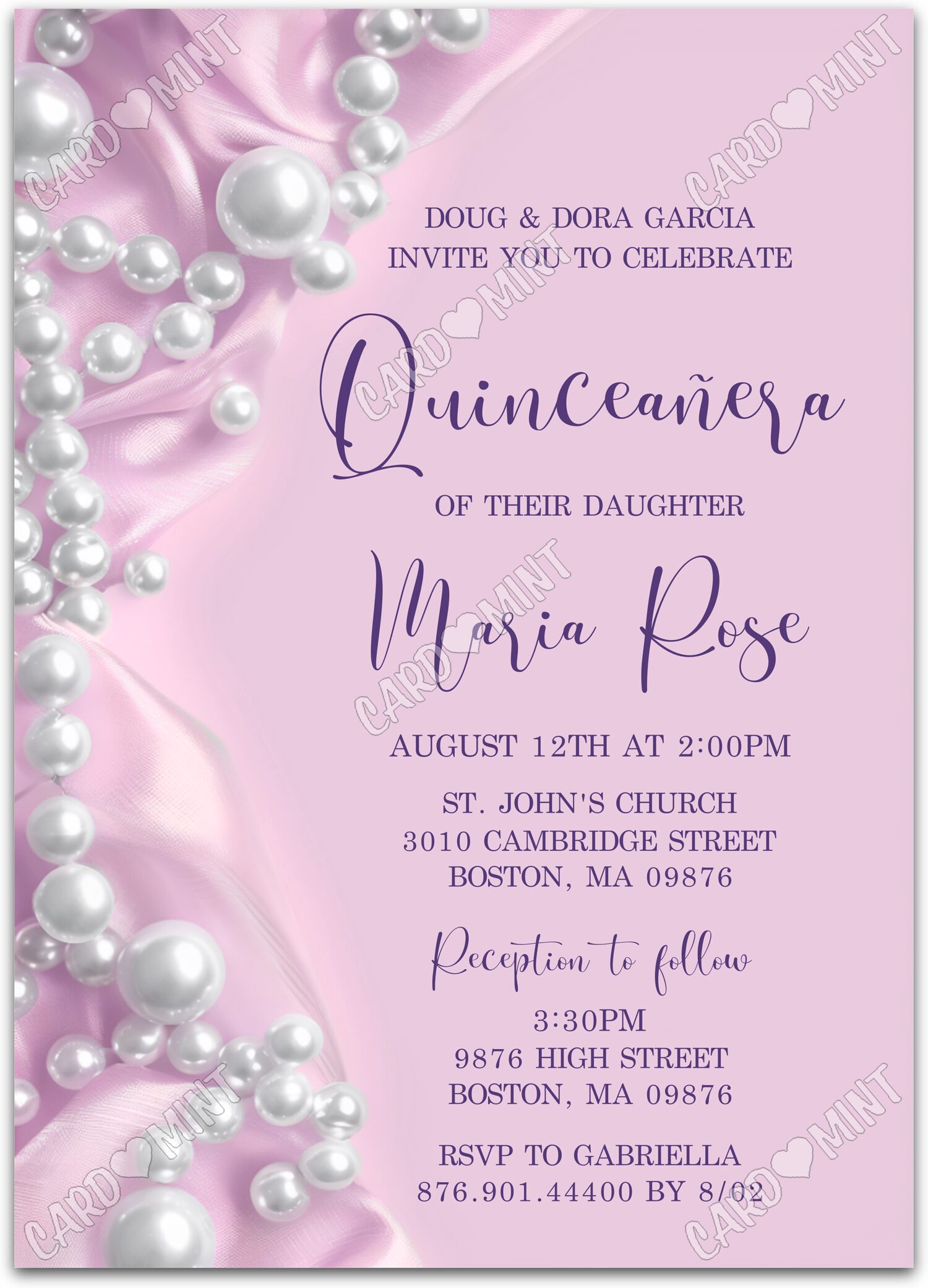 Editable Quinceañera pink white pearls girl Pink Quince 5"x7" Invitation EV1445