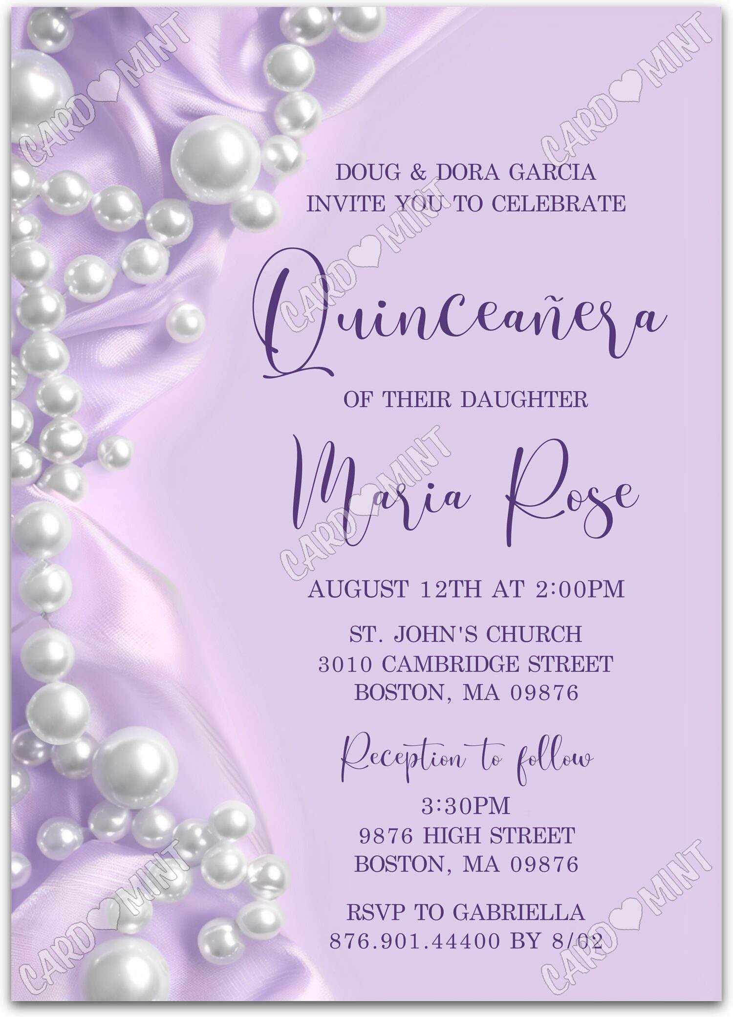 Editable Quinceañera purple white pearls girl Purple Quince 5"x7" Invitation EV1446