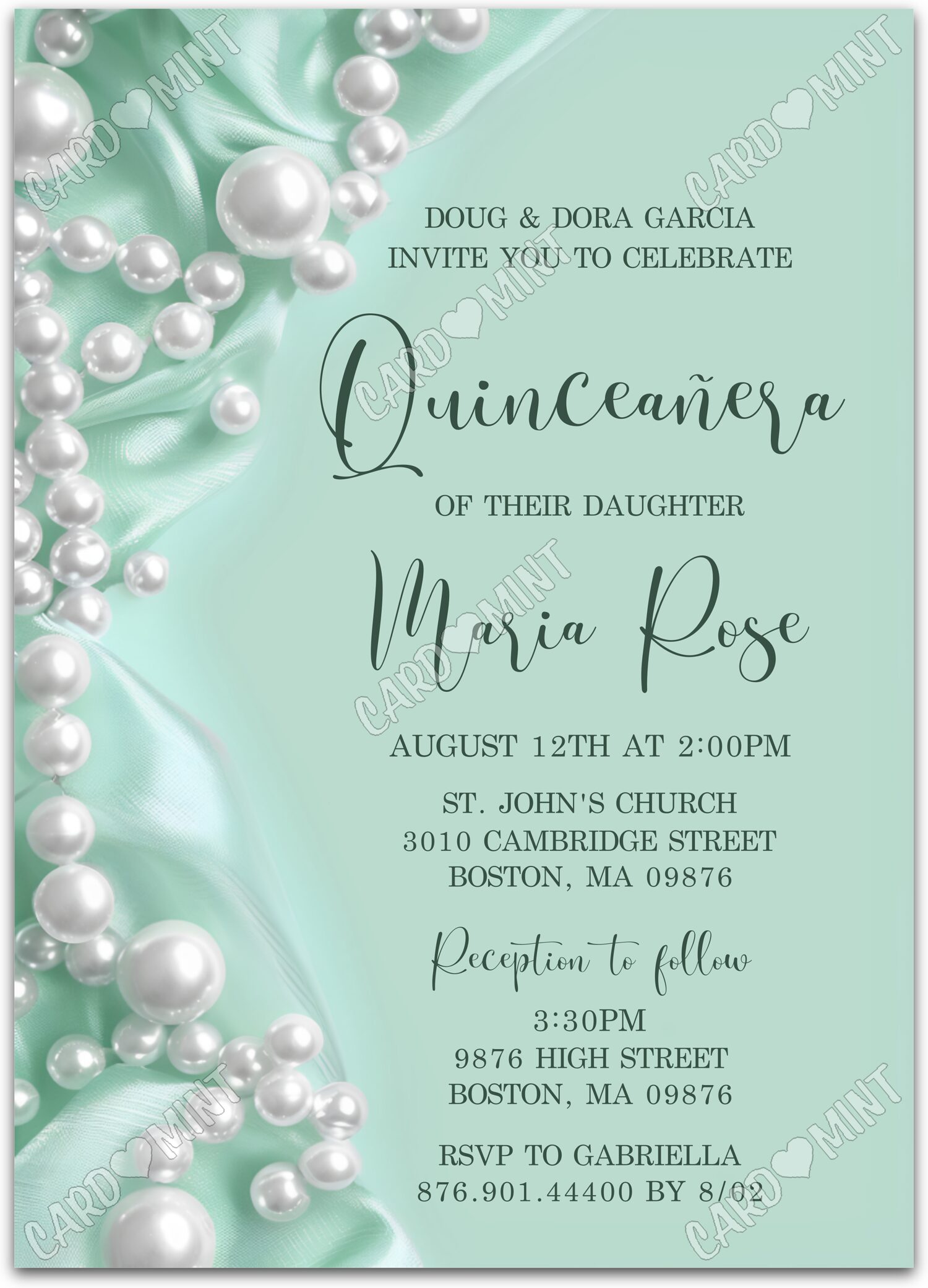 Editable Quinceañera green white pearls girl Green Quince 5"x7" Invitation EV1447