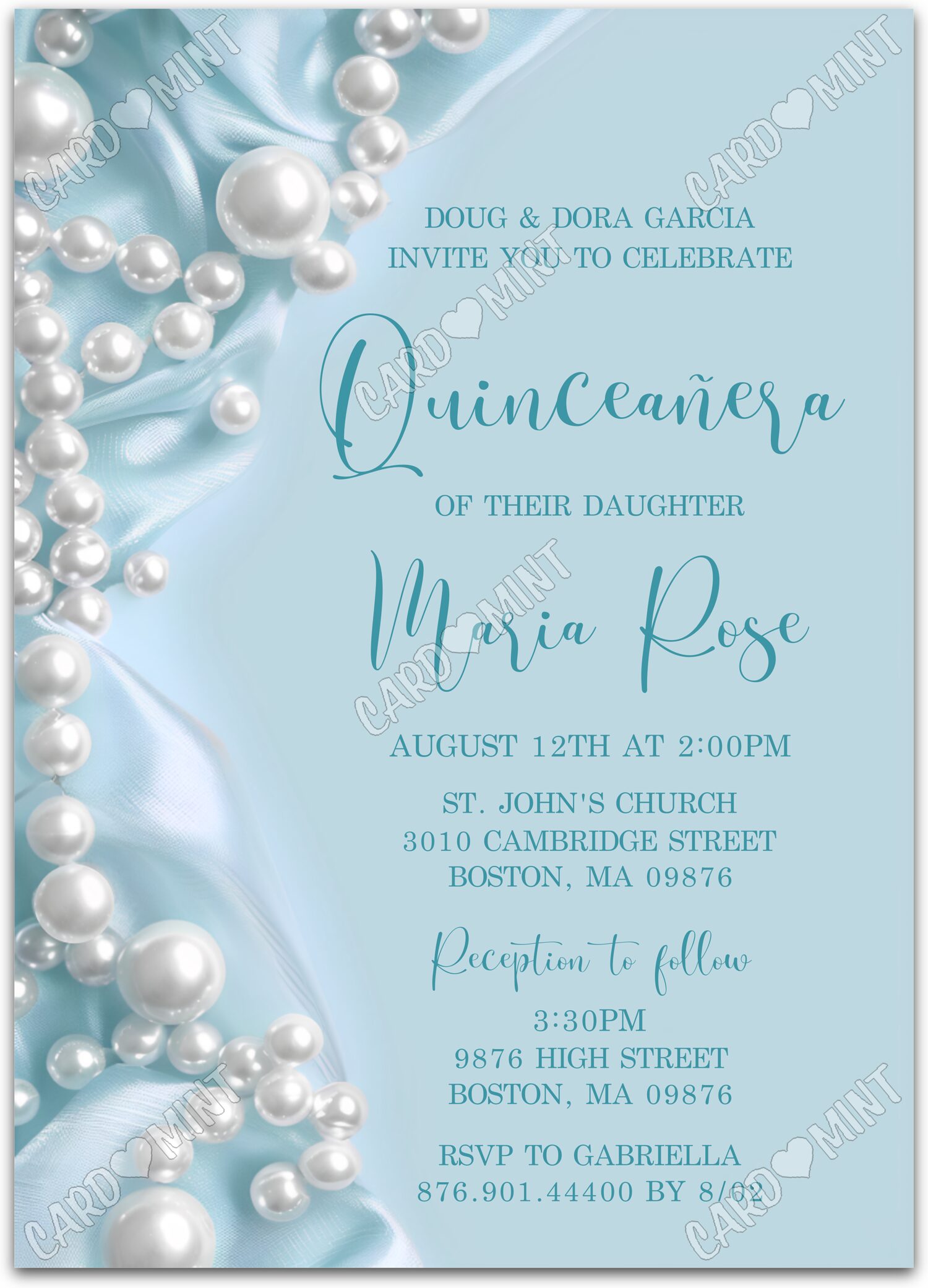 Editable Quinceañera blue white pearls girl Blue Quince 5"x7" Invitation EV1448