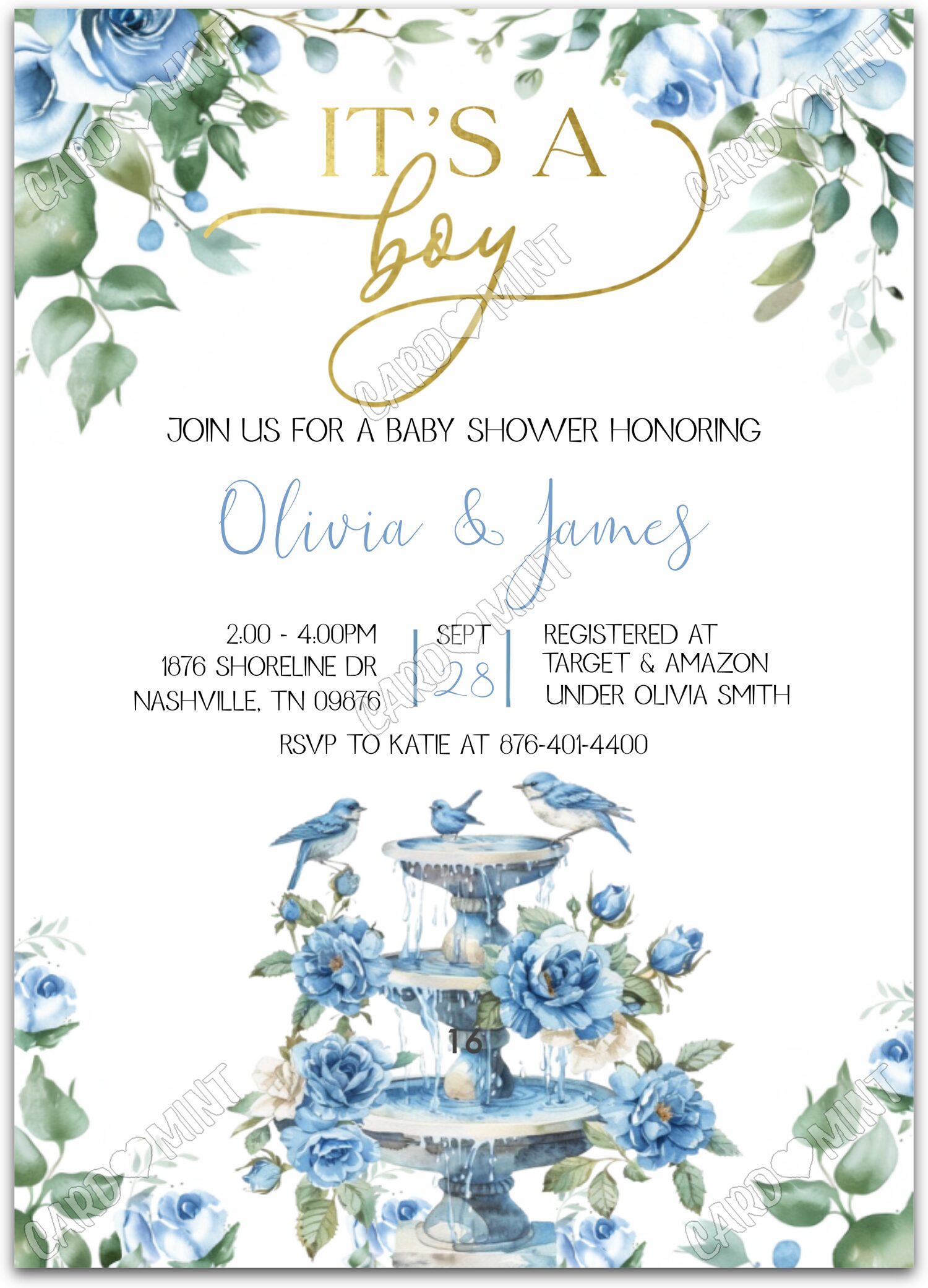 Editable Blue Bird Garden white bluebirds and blue roses boy Baby Shower 5"x7" Invitation EV1450