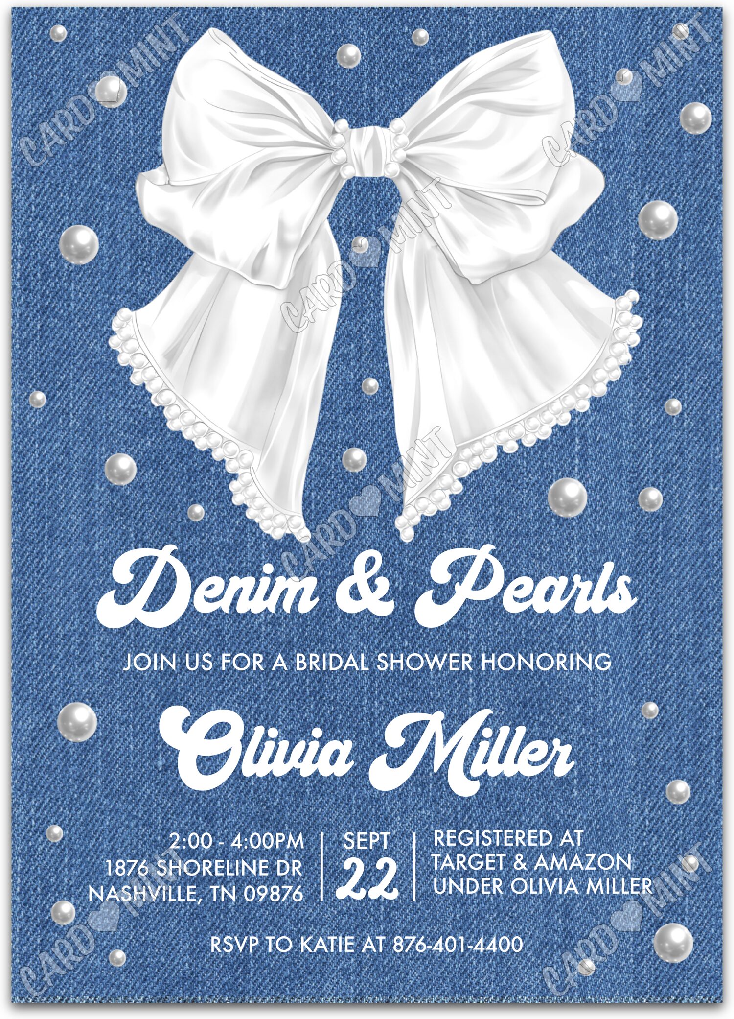 Editable Denim & Pearls blue pearls & white bow Douche nuptiale Invitation EV1451