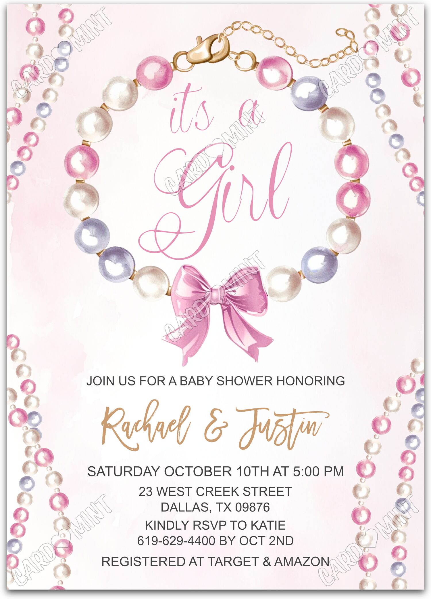 Editable Baby Pearls pink baby pearls bracelet girl Baby Shower 5"x7" Invitation EV1452