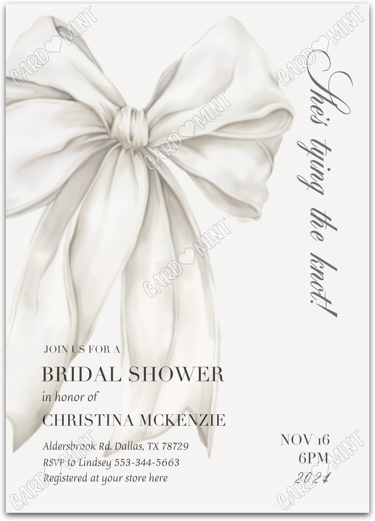 Editable White Bow (Coquette) white white bow Douche nuptiale 5"x7" Invitation EV1453