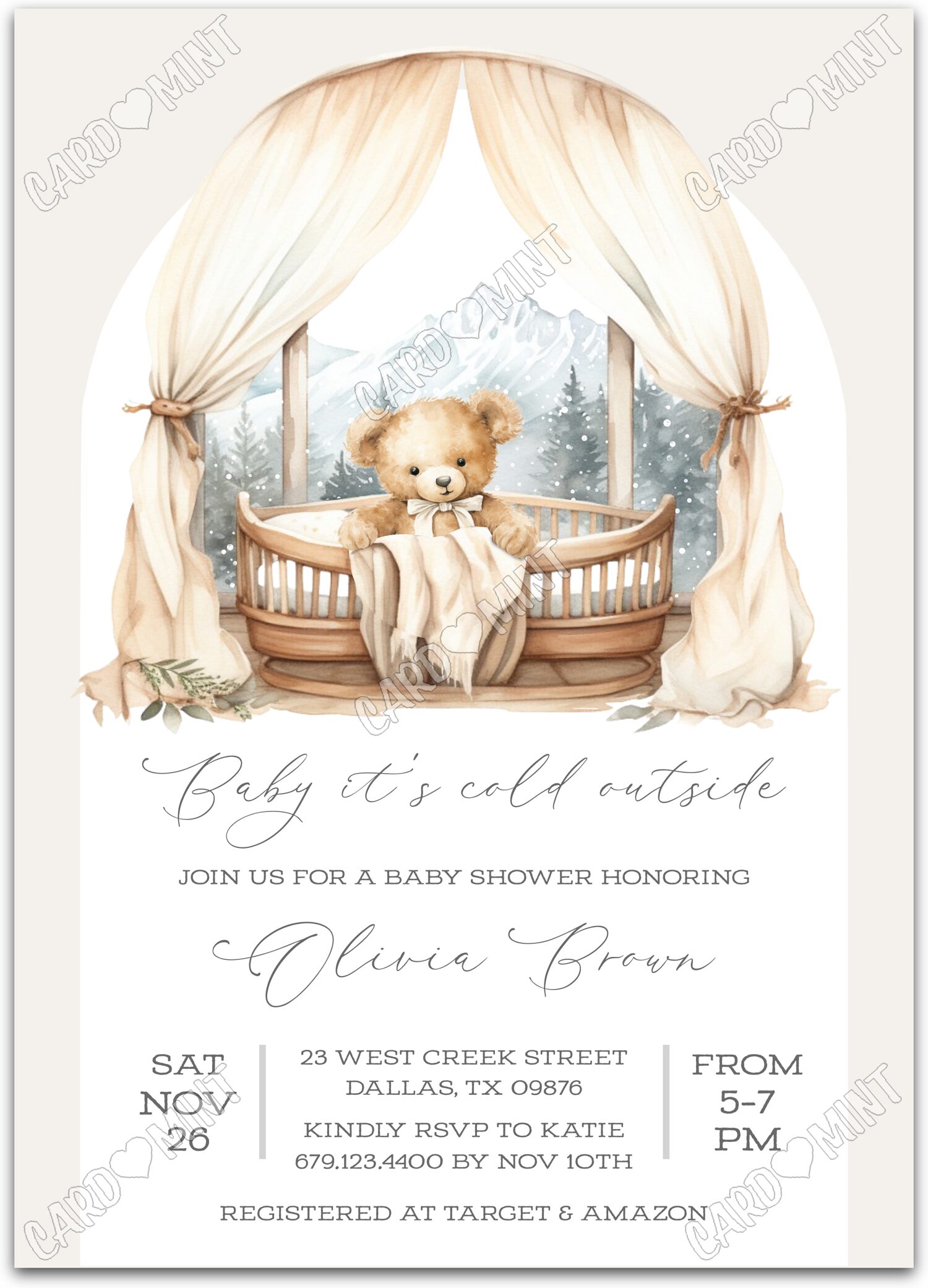 Editable Baby It's Cold Outside tan bear & snowfall neutral winter Baby Shower Invitation EV1455