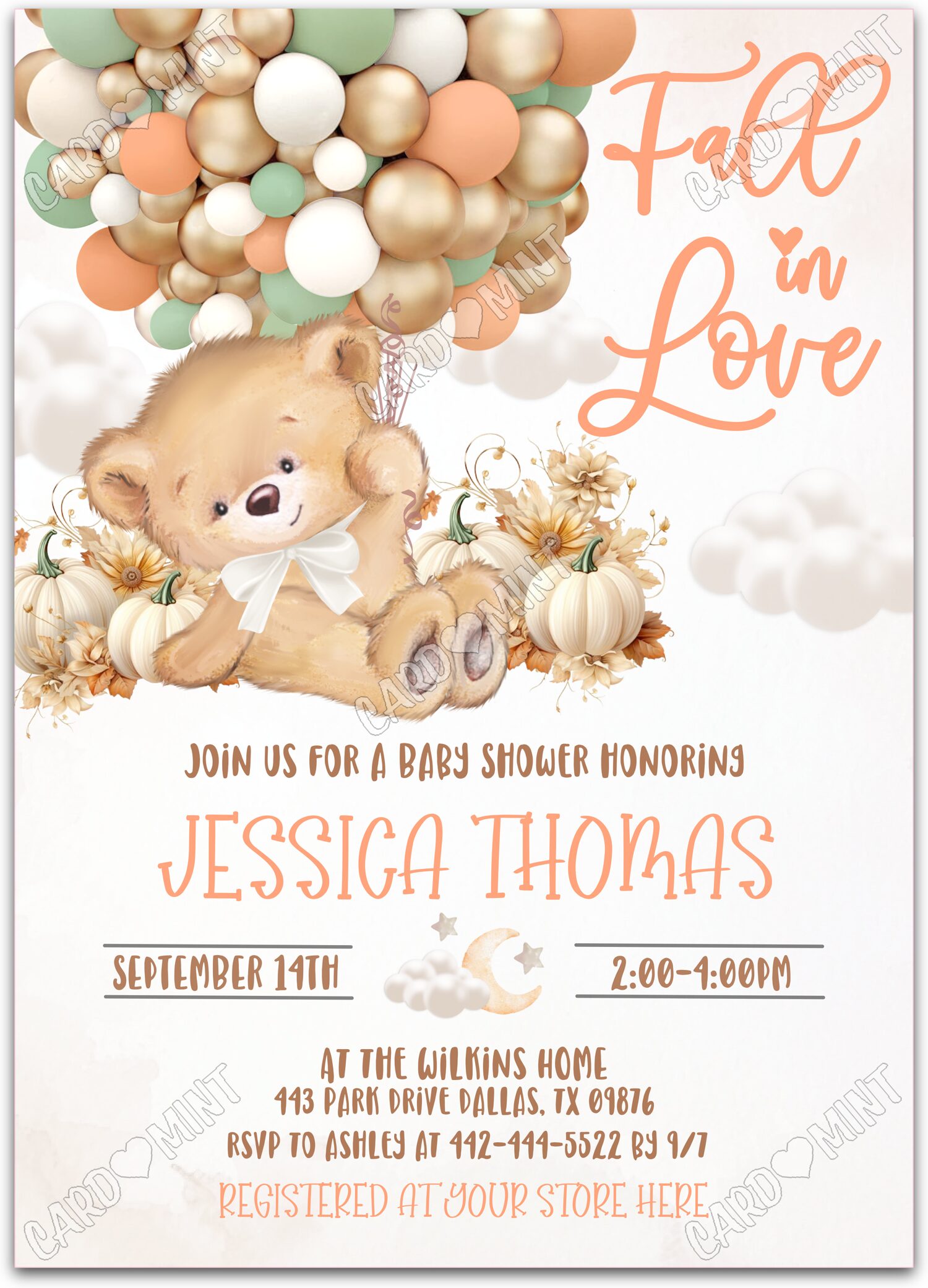 Editable Fall in Love white baby bear & balloons neutral fall Baby Shower 5"x7" Invitation EV1457