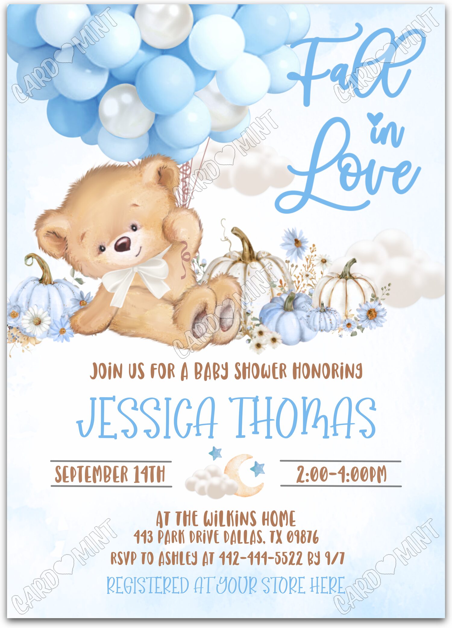 Editable Fall in Love white baby bear & balloons boy fall Baby Shower 5"x7" Invitation EV1458