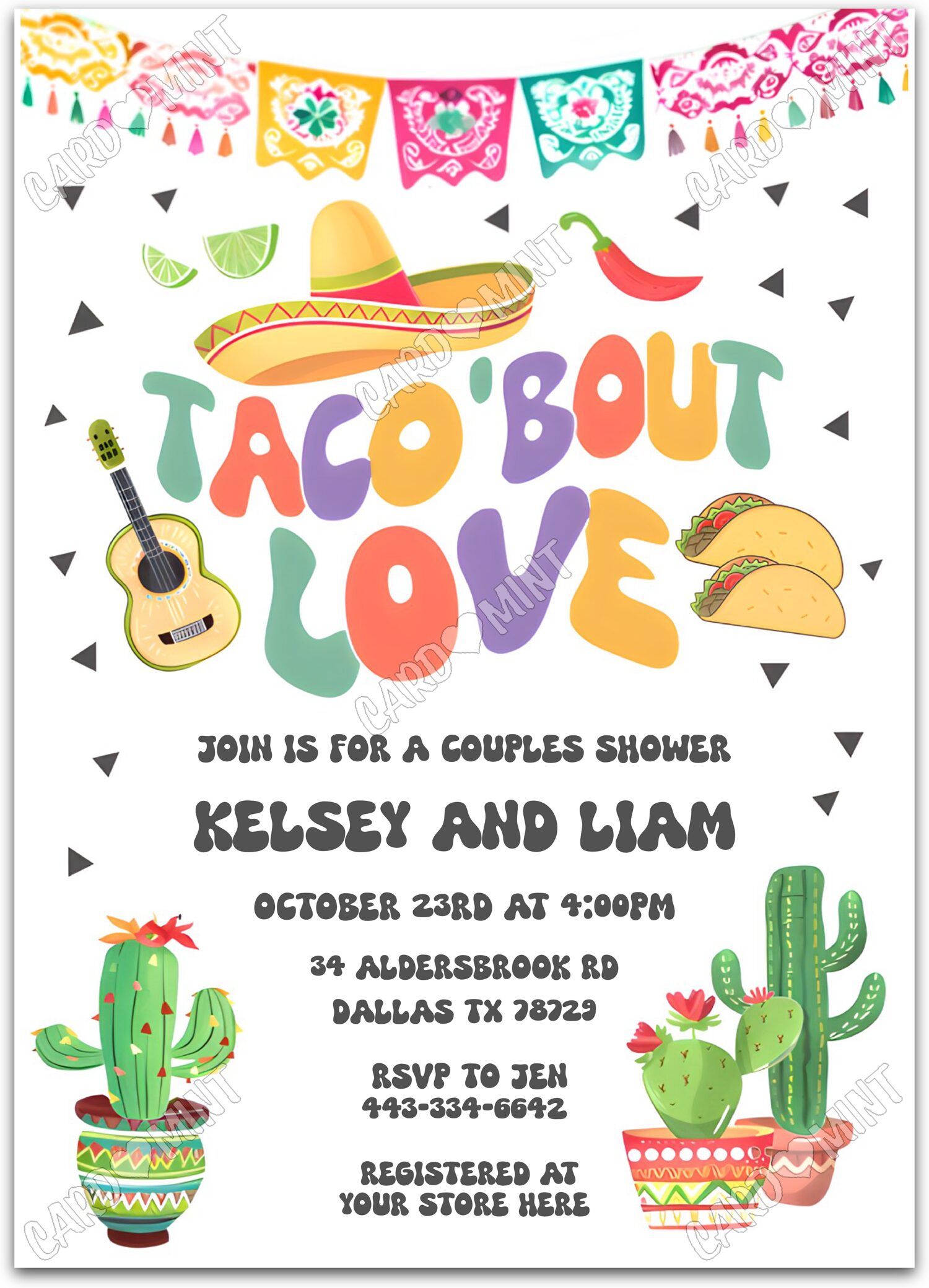 Editable Taco 'Bout Love pink fiesta decorations Douche nuptiale 5"x7" Invitation EV1459