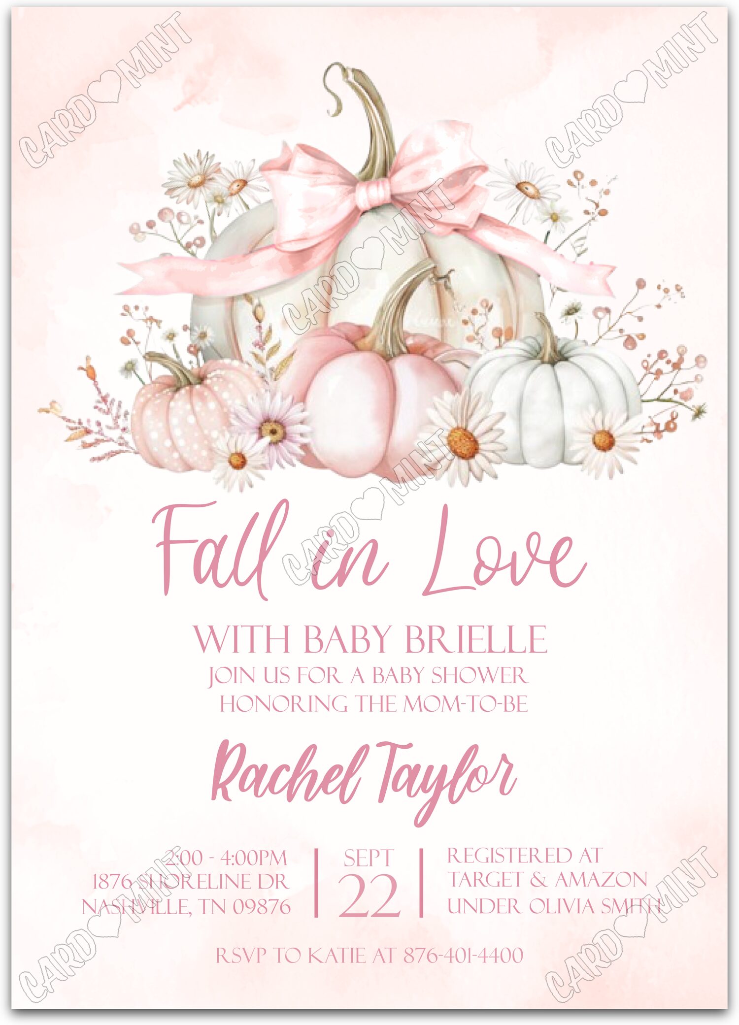 Editable Fall in Love pink white pumpkins, pink bows & daisies girl fall Douche de bébé 5"x7" Invitation EV1460