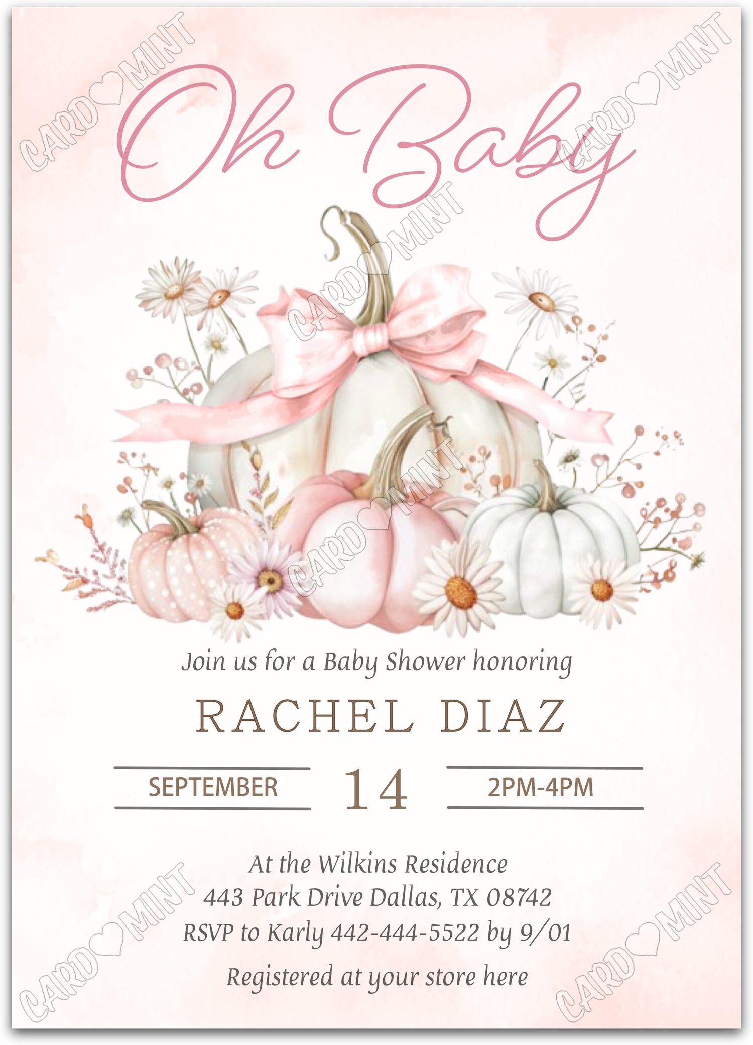 Editable Oh Baby pink pink & white pumpkins girl fall Baby Shower 5"x7" Invitation EV1461