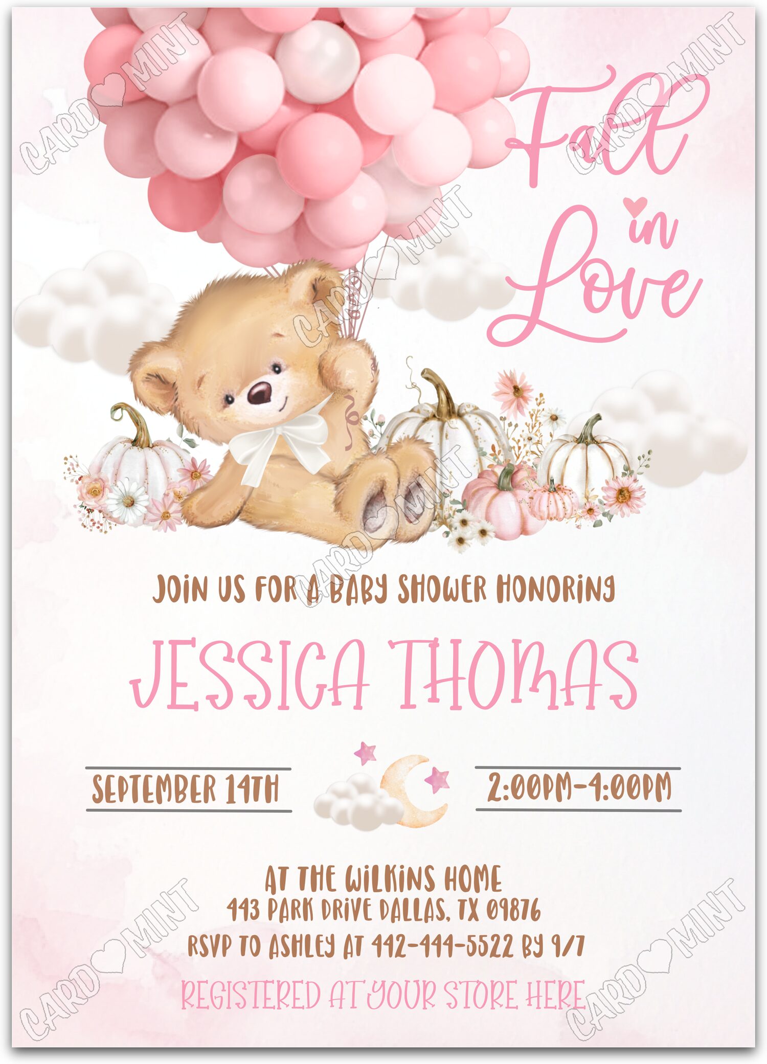 Editable Fall in Love pink baby bear & balloons girl fall Baby Shower 5"x7" Invitation EV1462