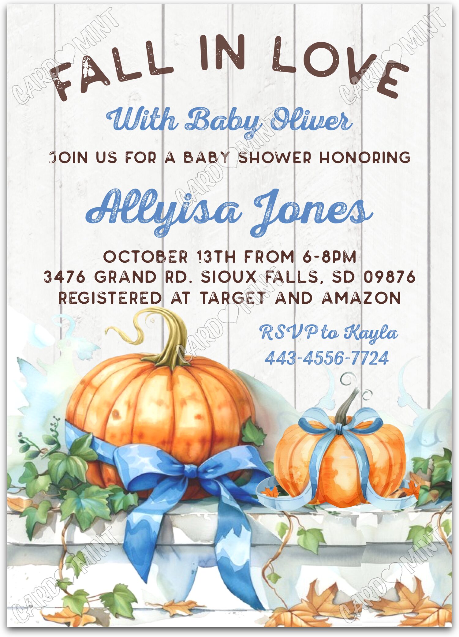 Editable Rustic Fall in Love white pumpkins with blue bows boy fall Baby Shower 5"x7" Invitation EV1463