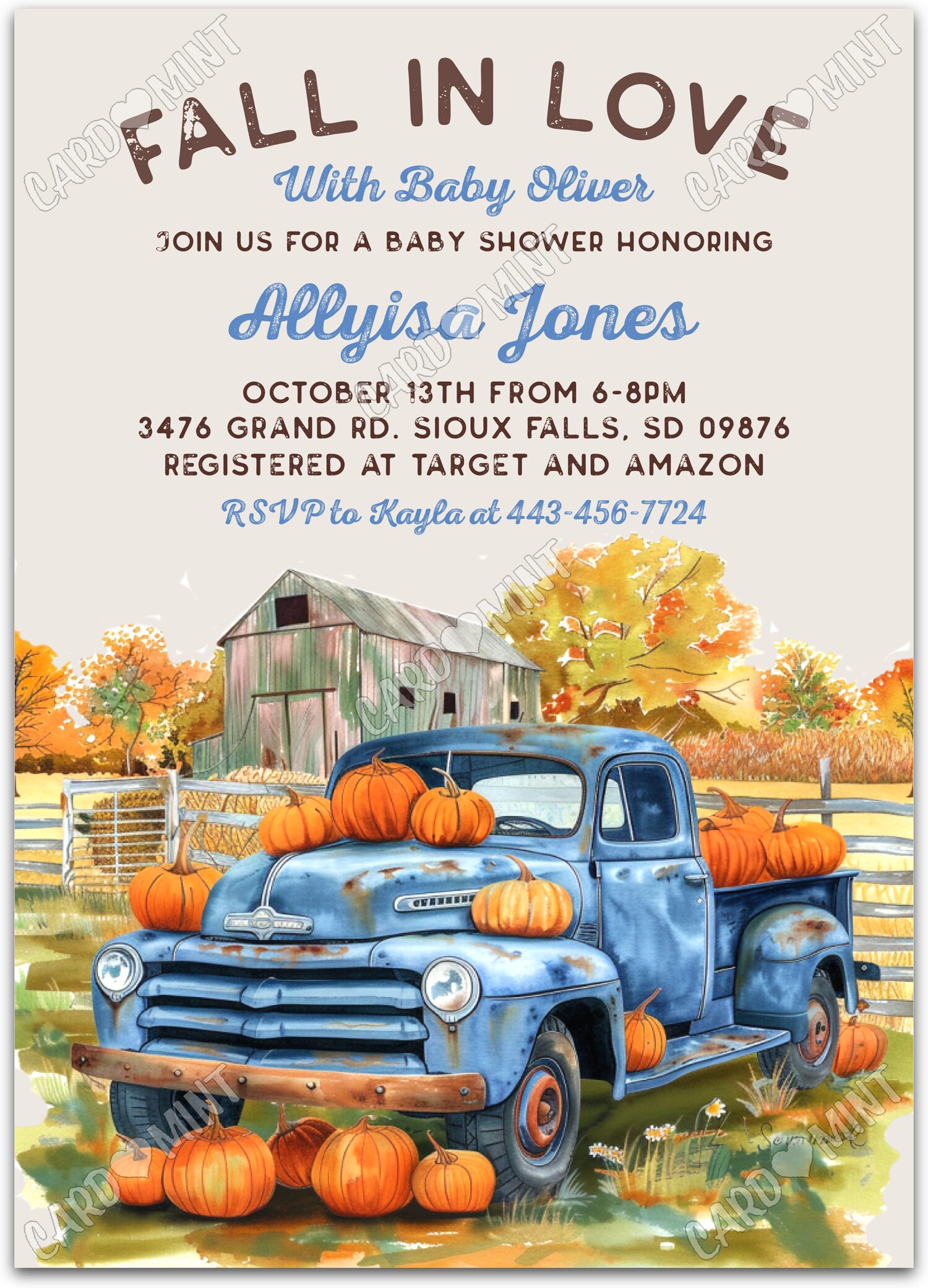 Editable Fall in Love tan rustic blue truck & pumpkins boy fall Baby Shower 5"x7" Invitation EV1464