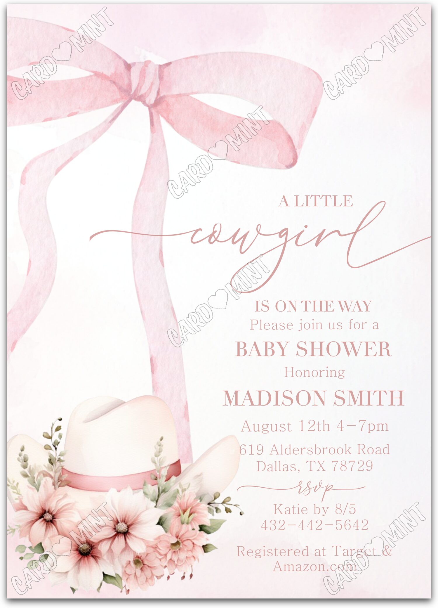 Editable A Little Cowgirl pink cowgirl hat girl Douche de bébé 5"x7" Invitation EV1465