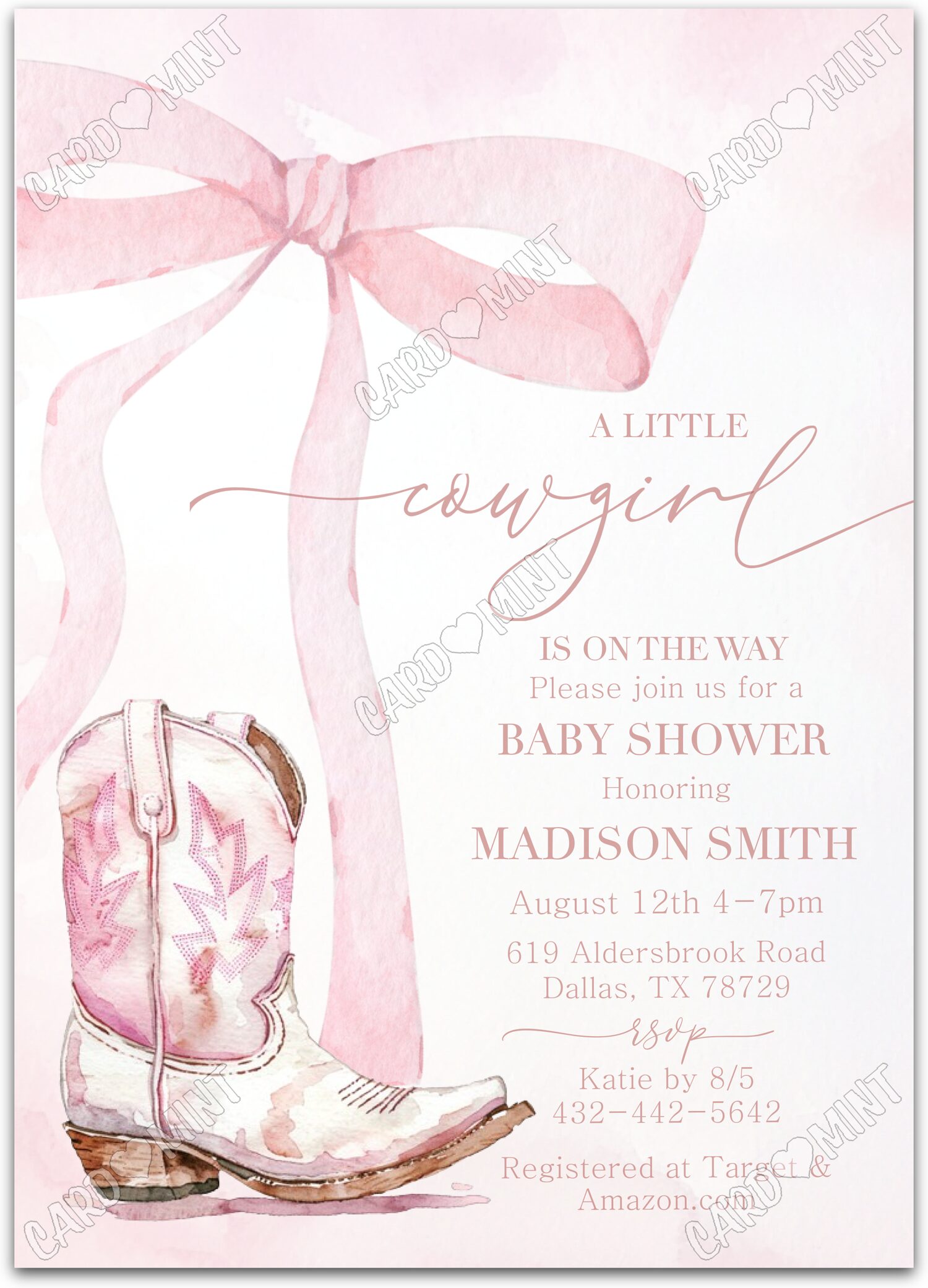 Editable A Little Cowgirl pink cowgirl boots girl Douche de bébé 5"x7" Invitation EV1466