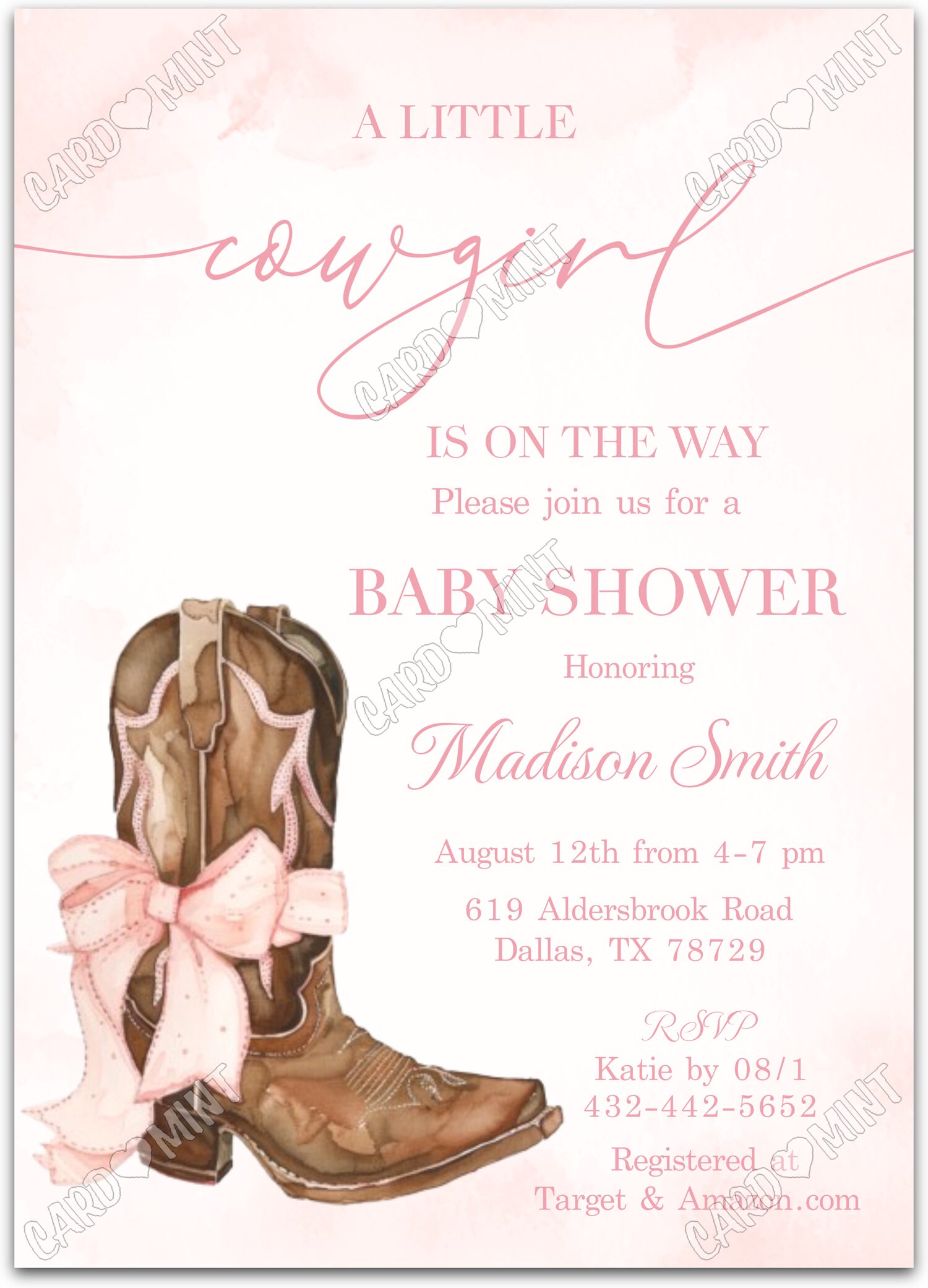 Editable A Little Cowgirl pink cowgirl boot & bow girl Douche de bébé 5"x7" Invitation EV1467