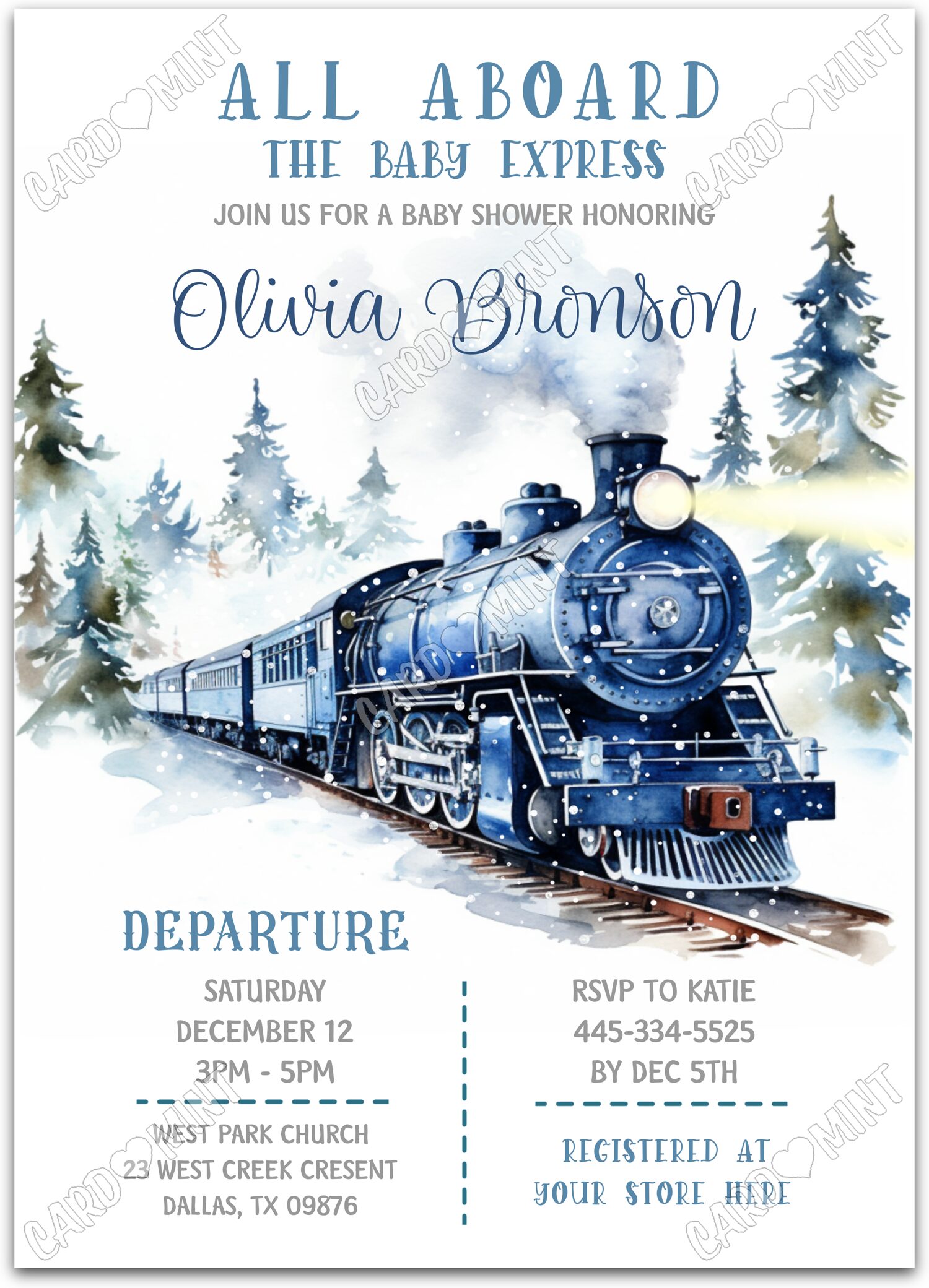 Editable All Aboard white vintage train boy winter Baby Shower 5"x7" Invitation EV1468