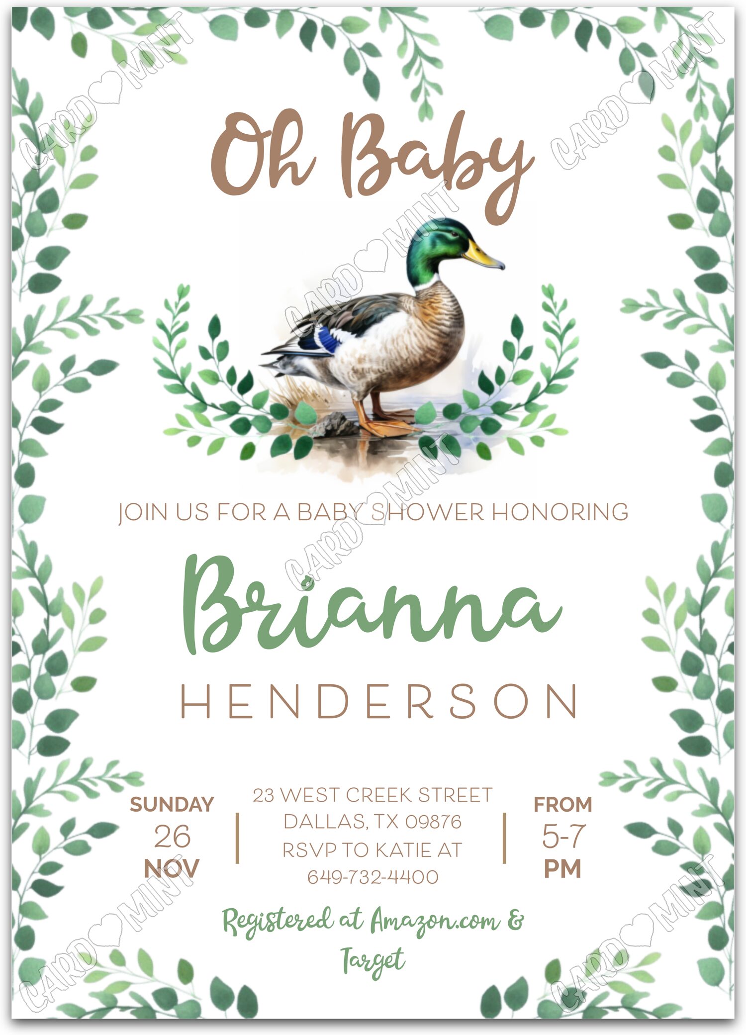 Editable Oh Baby white mallard duck neutral Baby Shower Invitation EV1469