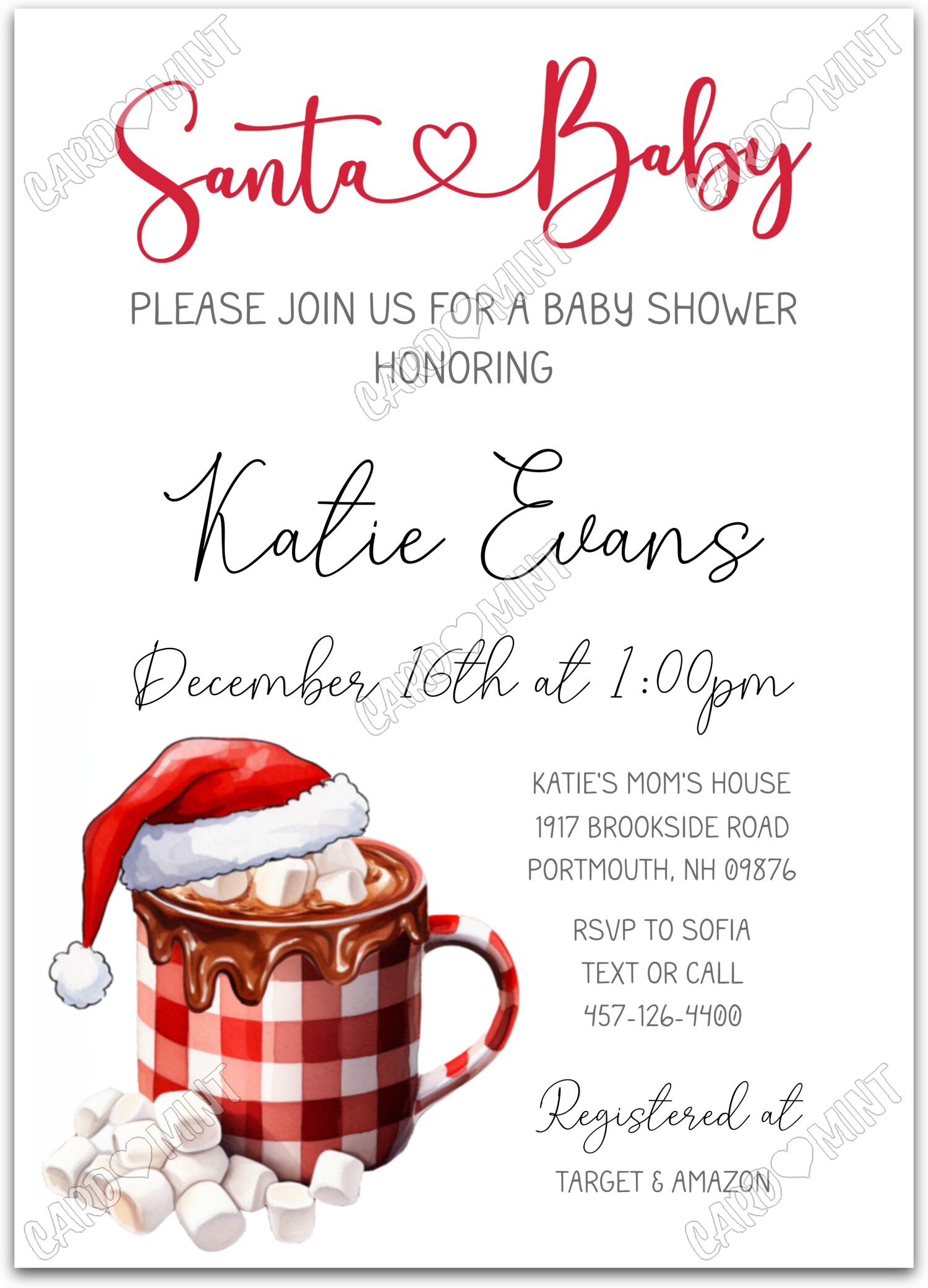 Editable Santa Baby white santa hat & hot chocolate neutral winter Douche de bébé Invitation EV1470