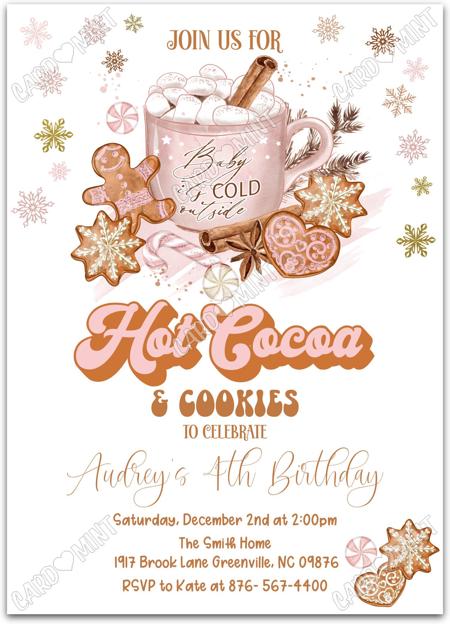 Editable Hot Cocoa & Cookies white hot cocoa & cookies girl Fête d'Anniversaire 5"x7" Invitation EV1471