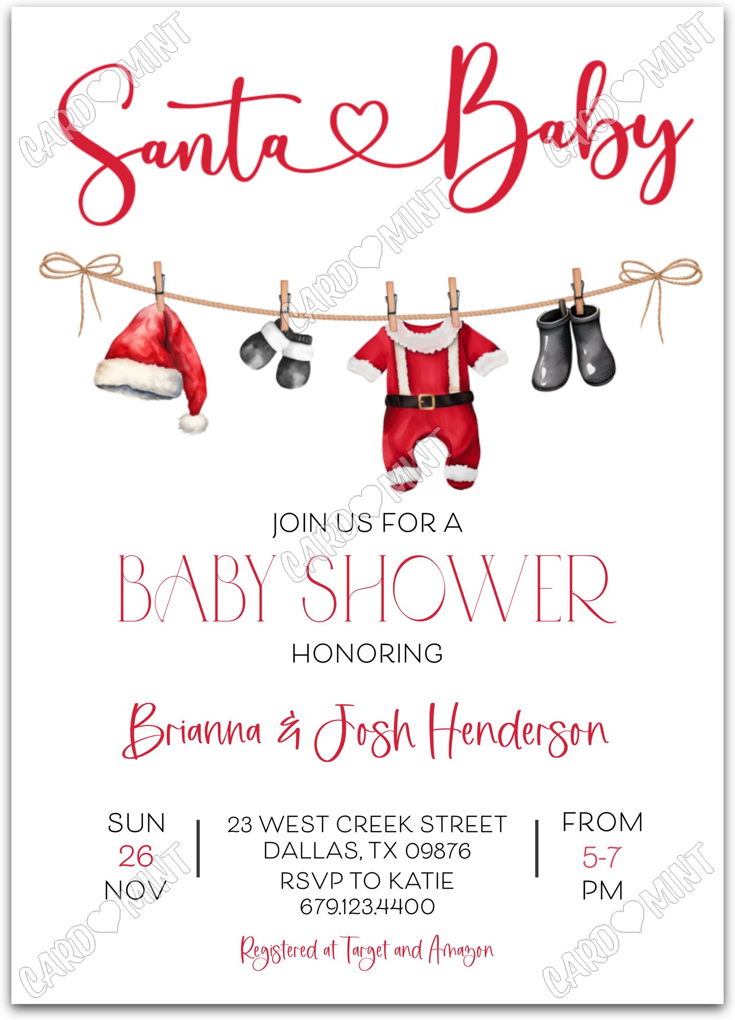 Editable Santa Baby white santa clothes boy winter Baby Shower Invitation EV1474