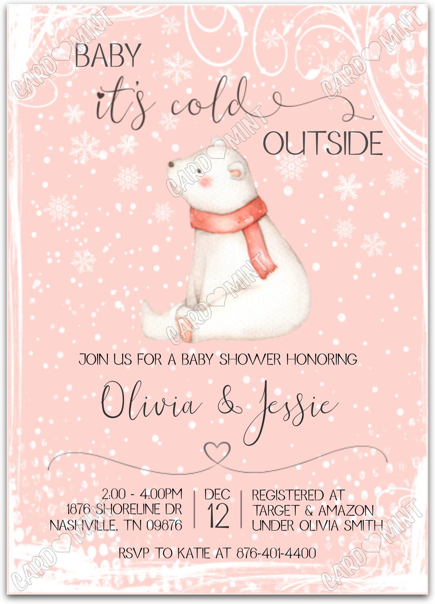 Editable Baby it’s Cold Outside peach polar bear girl winter Baby Shower 5"x7" Invitation EV1476