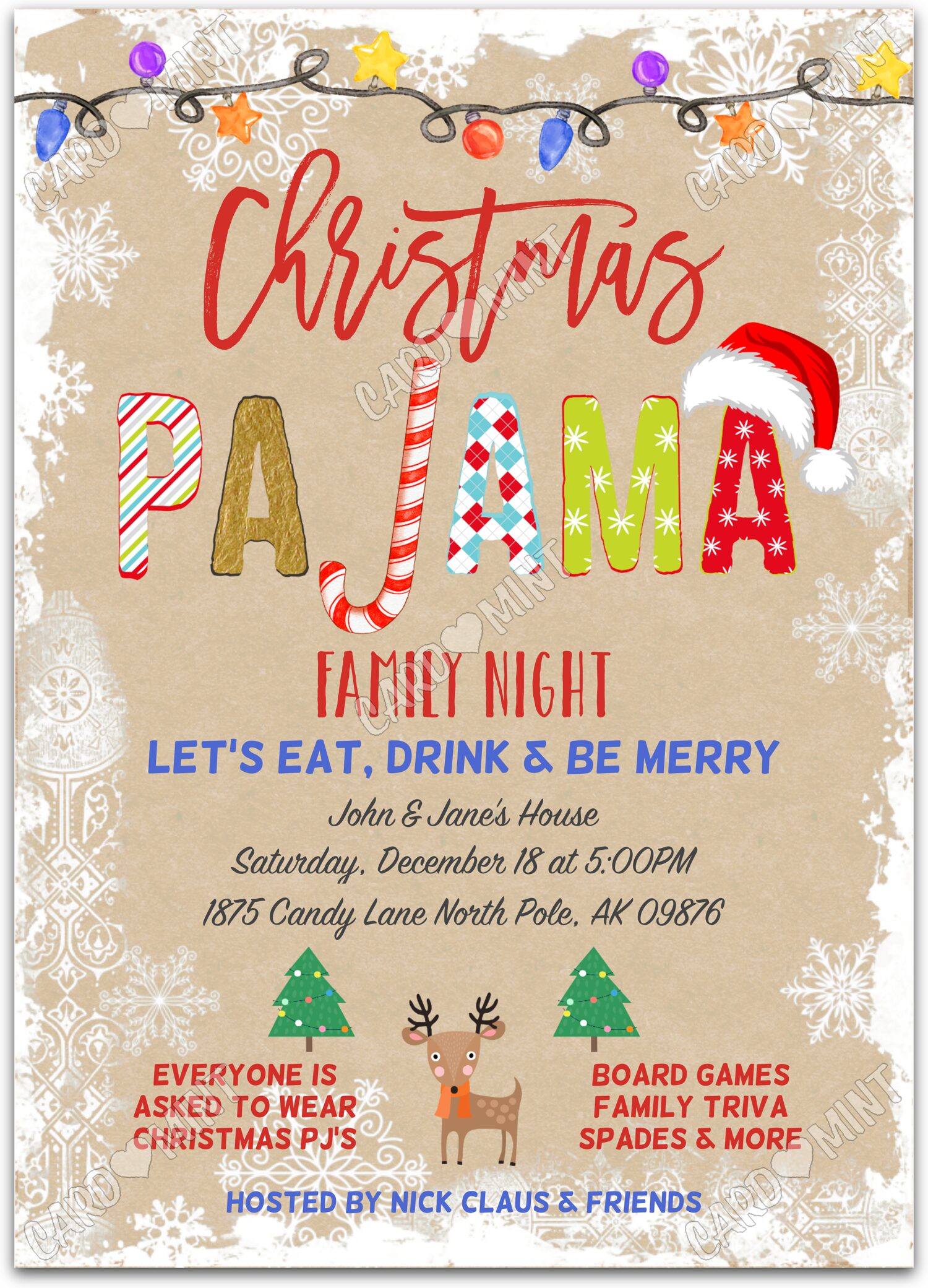 Editable Christmas Pajama Party tan decorations Christmas Christmas Party 5"x7" Invitation EV1477