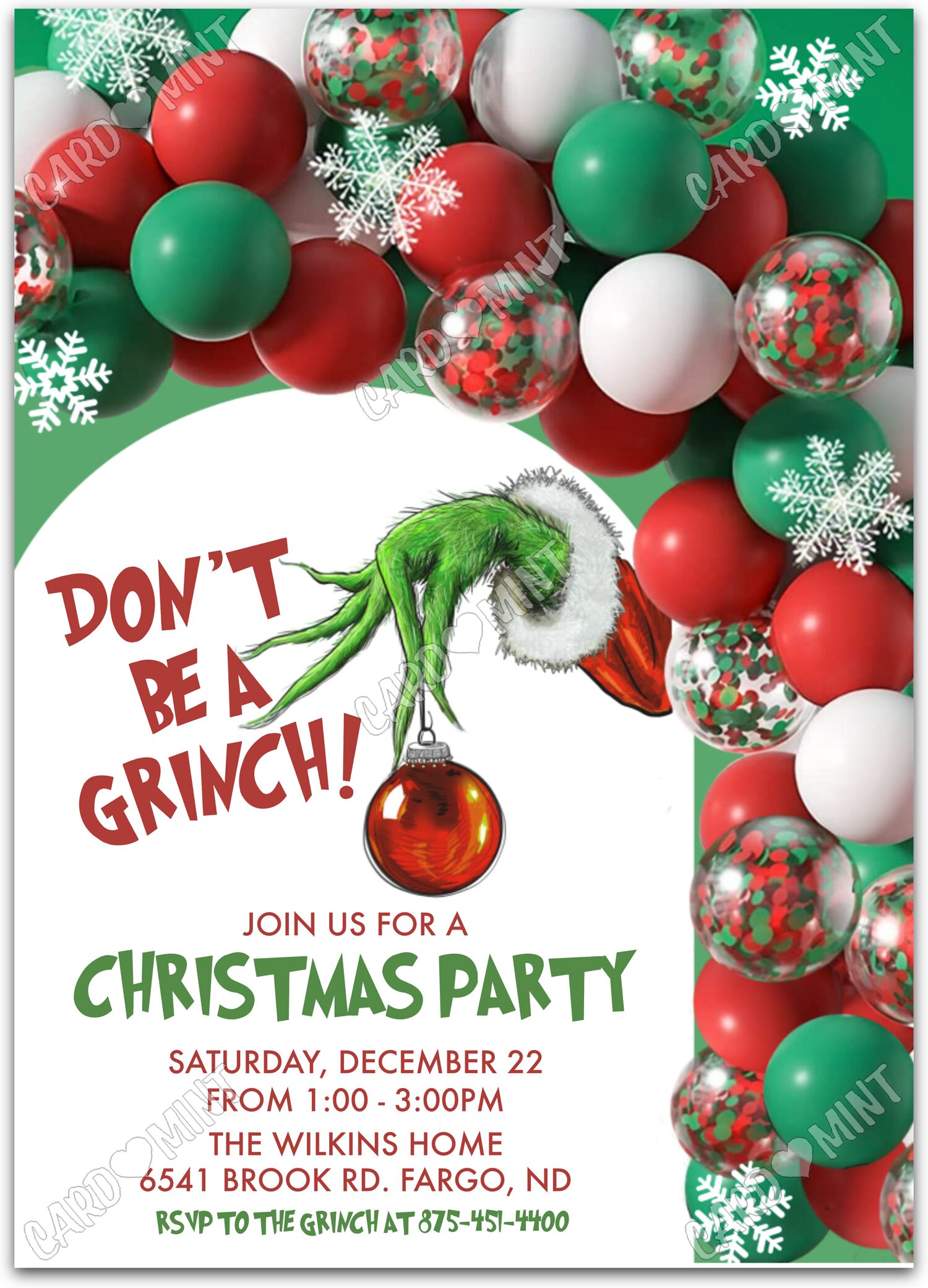 Editable Don't Be A Grinch! green/red decorations Christmas Christmas Party 5"x7" Invitation EV1479