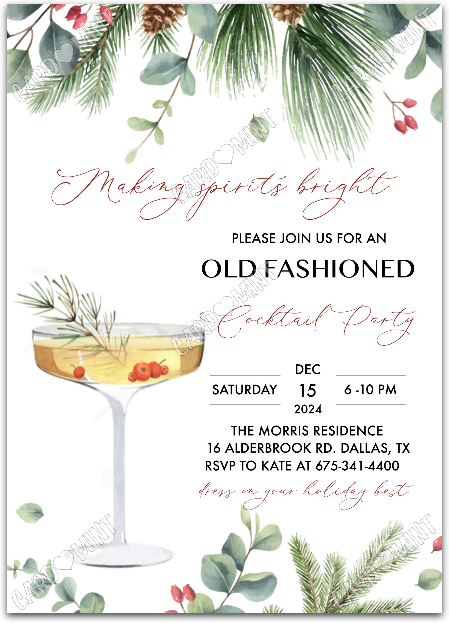 Editable Making Spirits Bright white greenery Christmas Cocktail Christmas Party 5"x7" Invitation EV1480