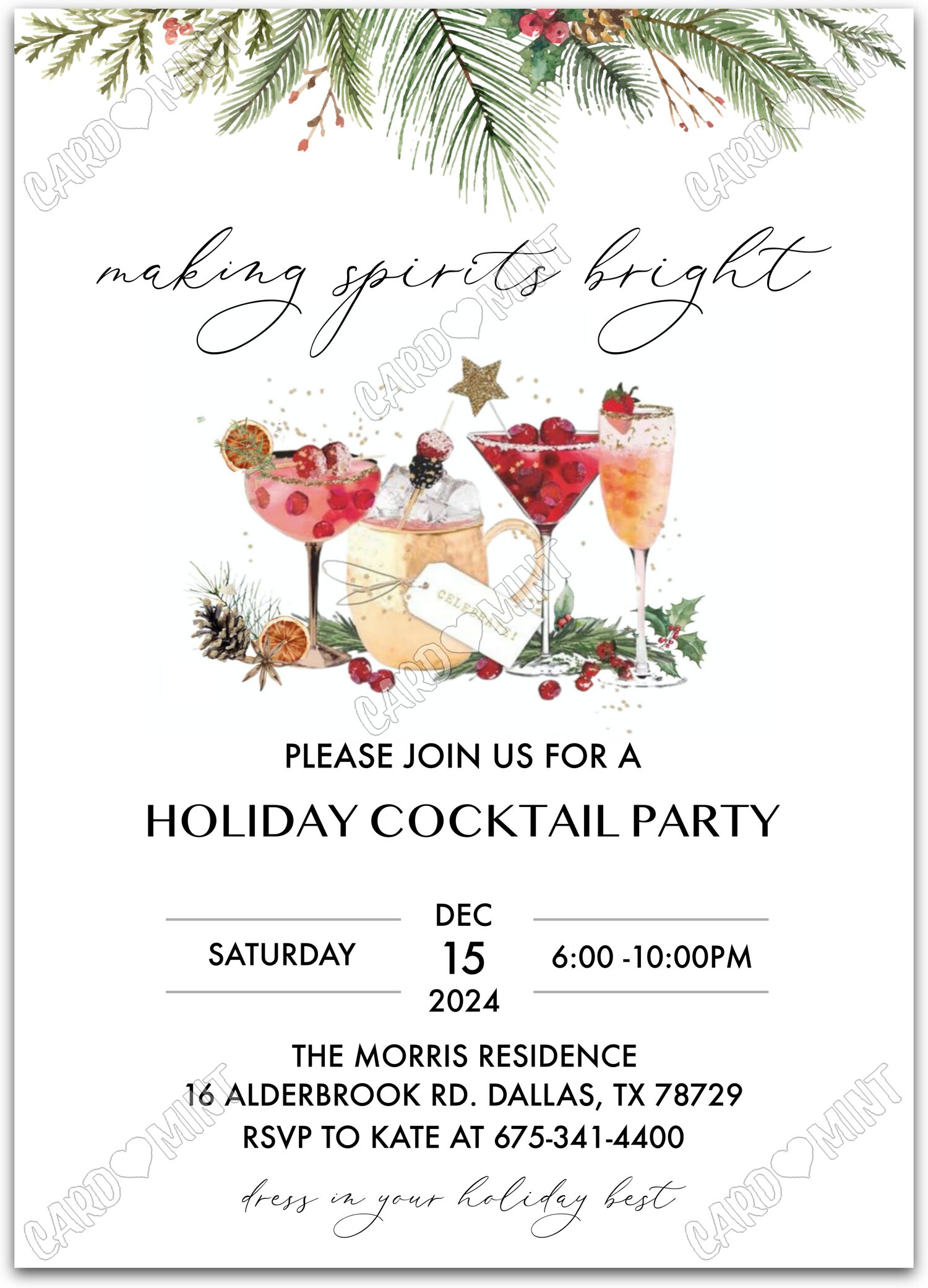 Editable Making Spirits Bright white greenery Christmas Cocktail Christmas Party 5"x7" Invitation EV1481