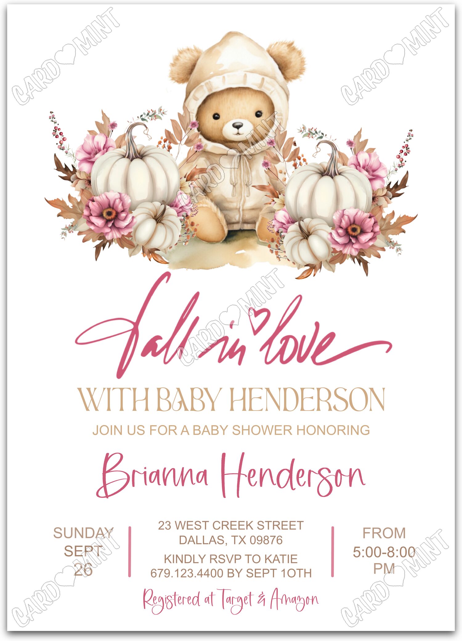 Editable Fall in Love white baby bear & pumpkins girl fall Douche de bébé 5"x7" Invitation EV1482