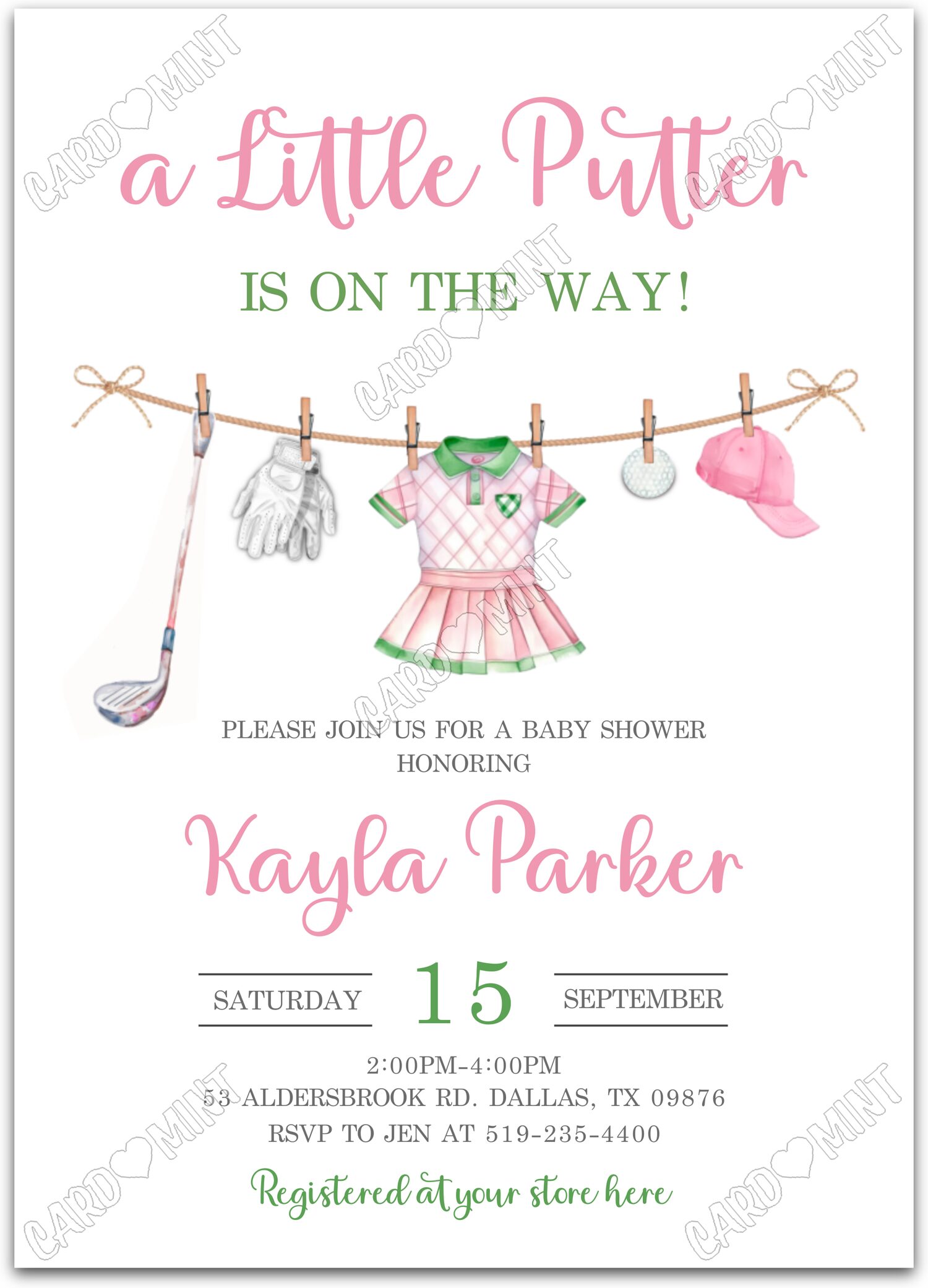 Editable A Little Putter white golf club & golf apparel girl Douche de bébé 5"x7" Invitation EV1483