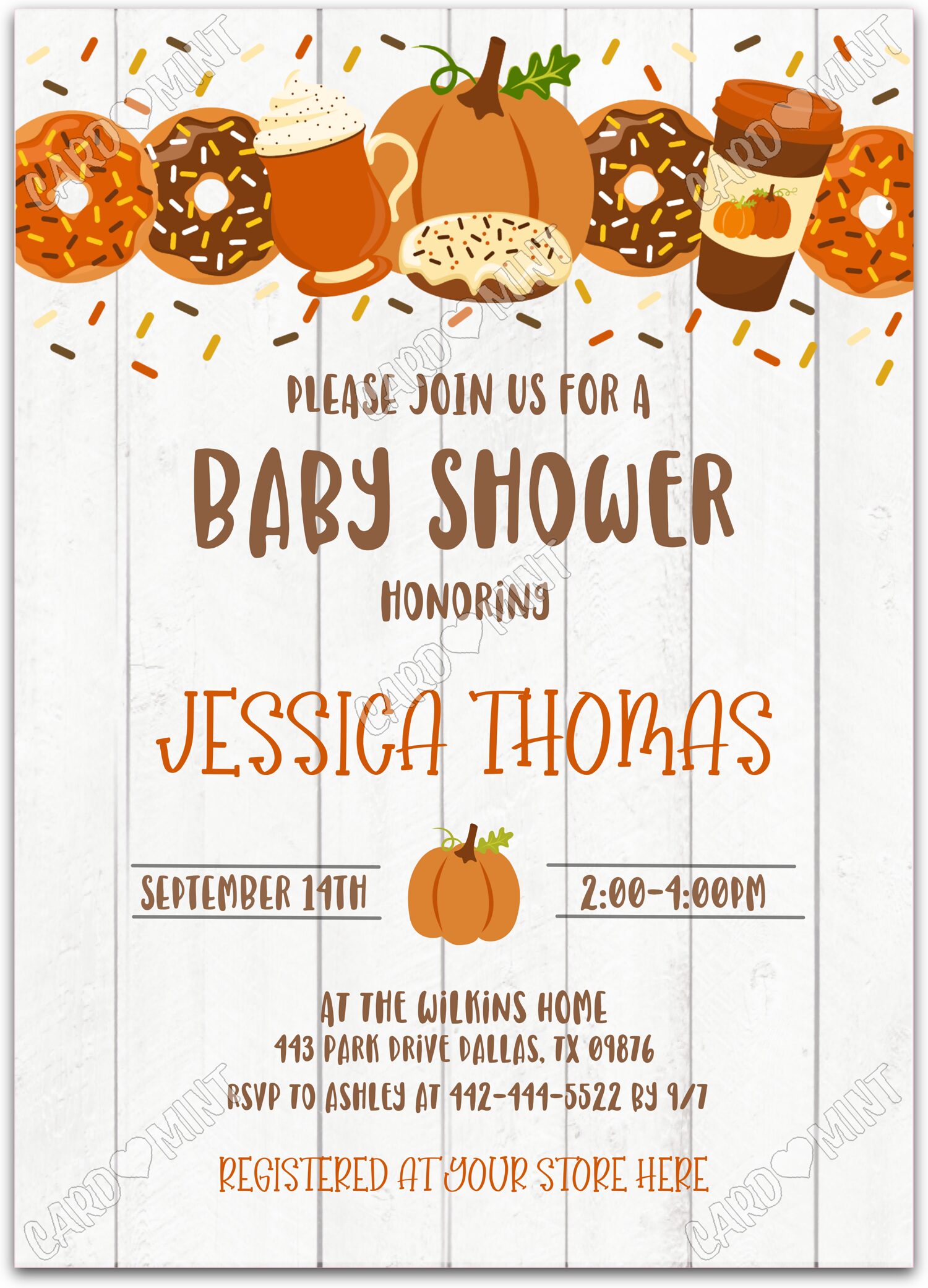 Editable Pumpkin & Donuts white latte & sprinkle donuts & wood pattern fall Douche de bébé 5"x7" Invitation EV1484