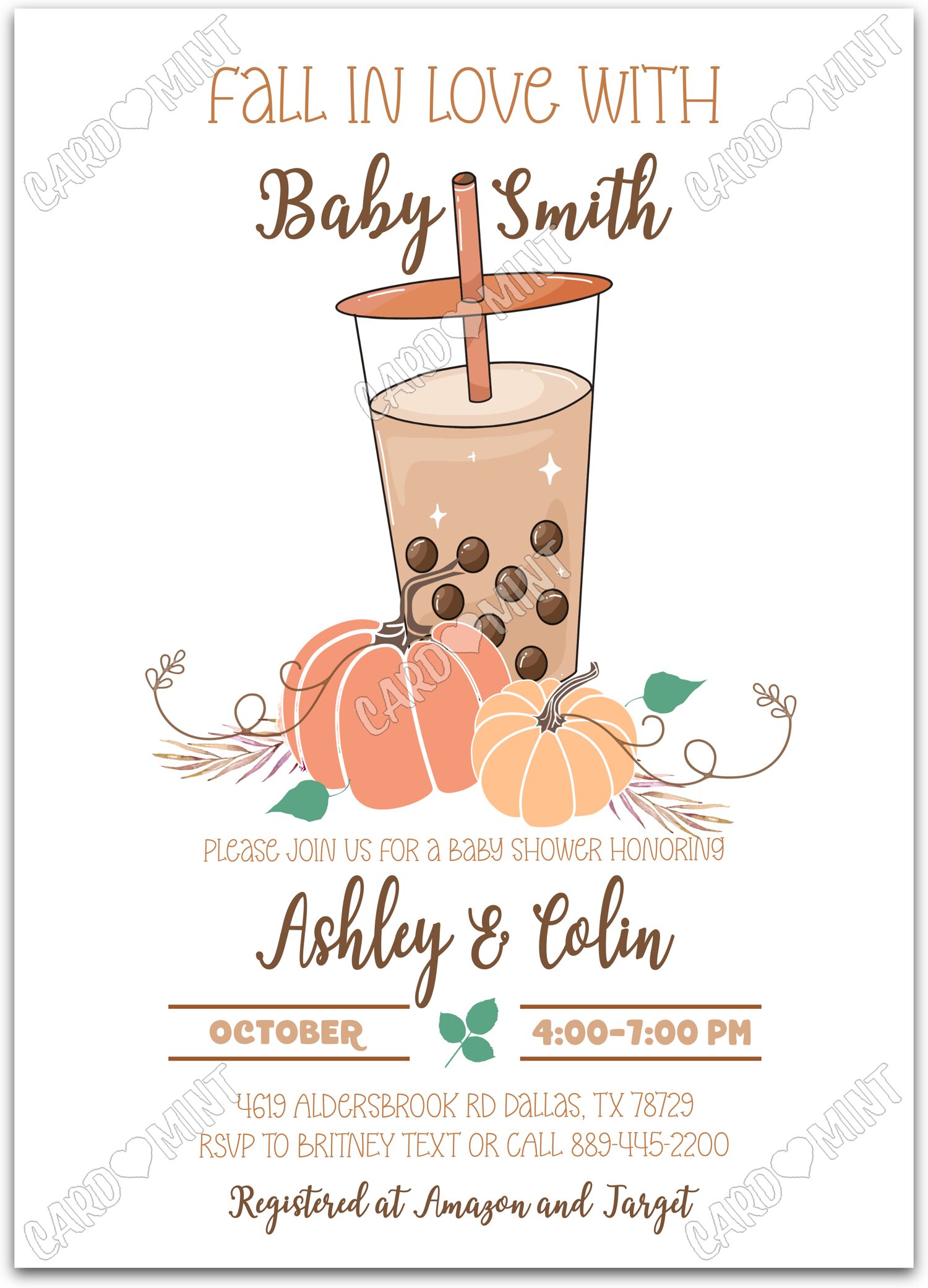 Editable Fall in Love white bubble tea & pumpkins neutral fall Baby Shower 5"x7" Invitation EV1486