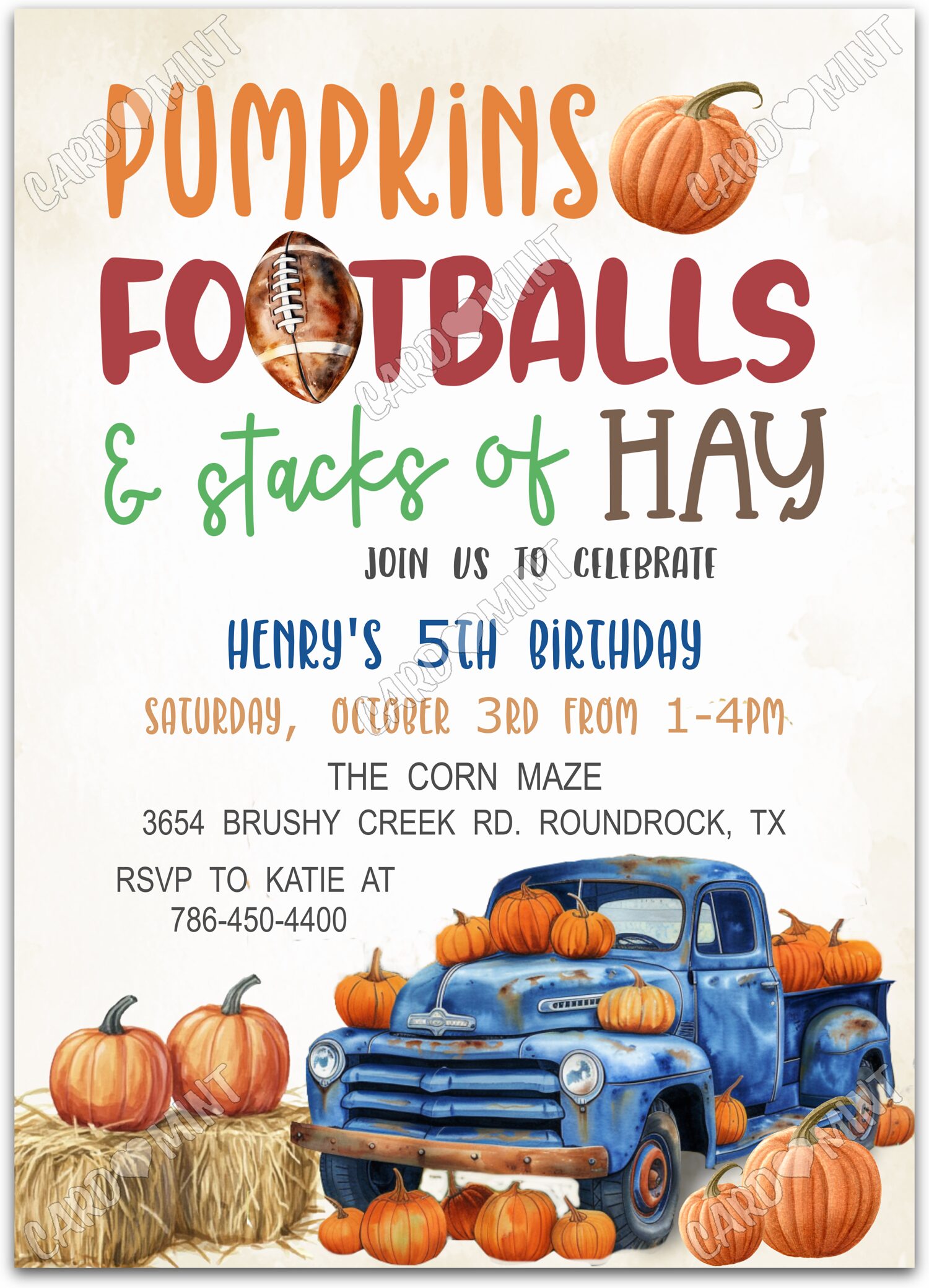 Editable Pumpkins & Footballs beige rustic truck boy Fête d'Anniversaire 5"x7" Invitation EV1488