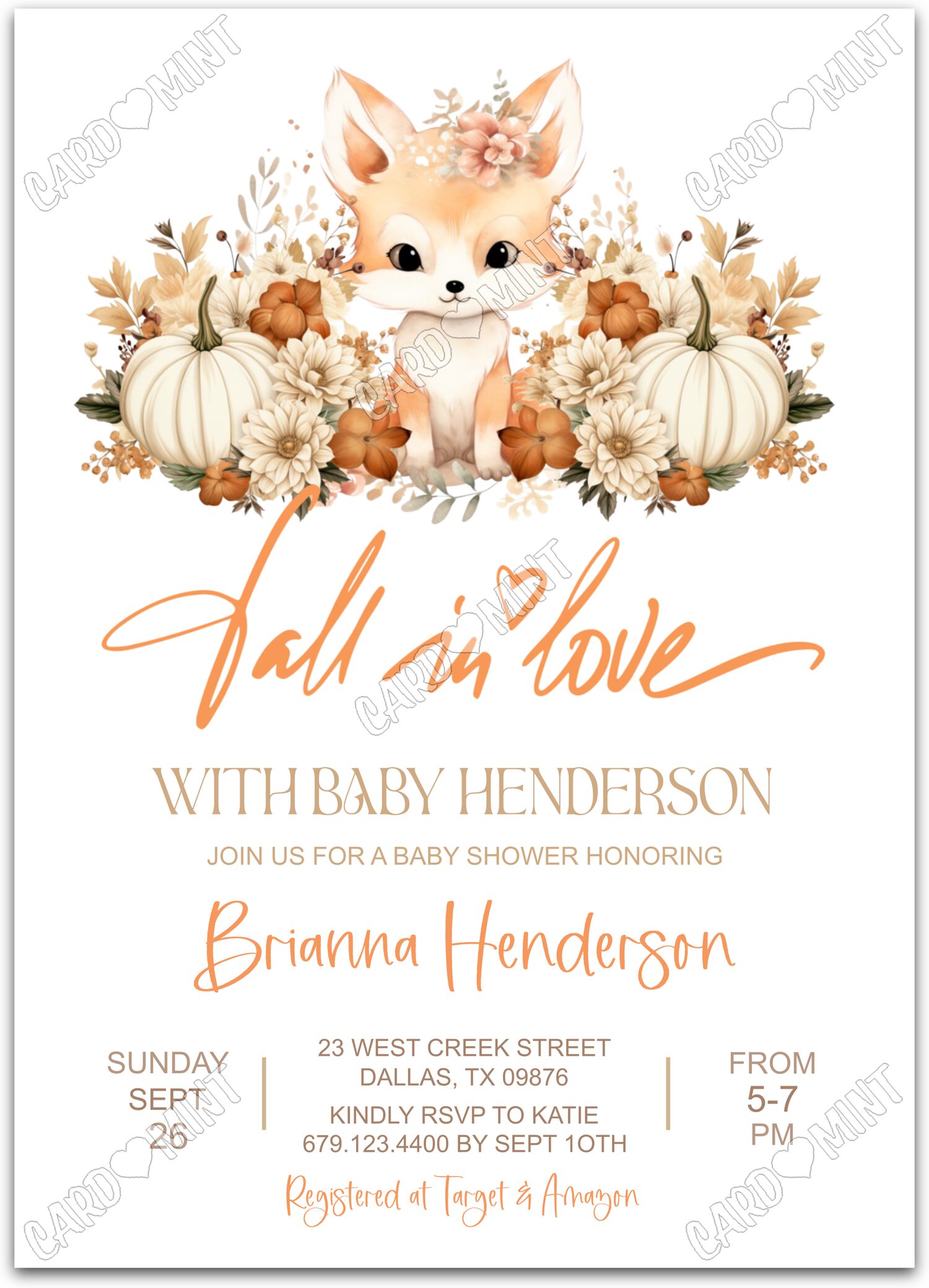 Editable Fall In Love white little fox neutral fall Baby Shower 5"x7" Invitation EV1490