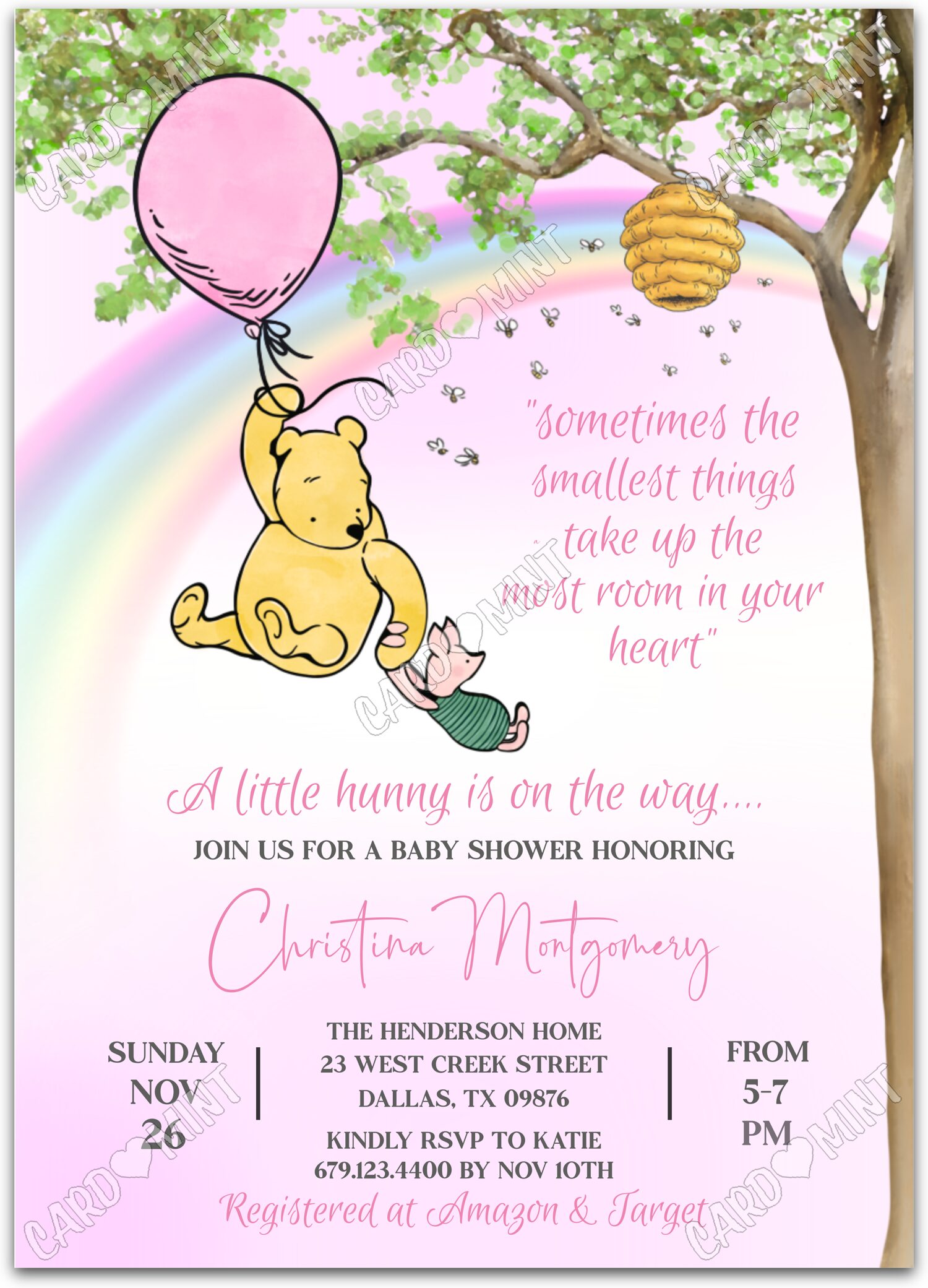 Editable A Little Hunny pink Classic Pooh & balloon girl Douche de bébé 5"x7" Invitation EV1491