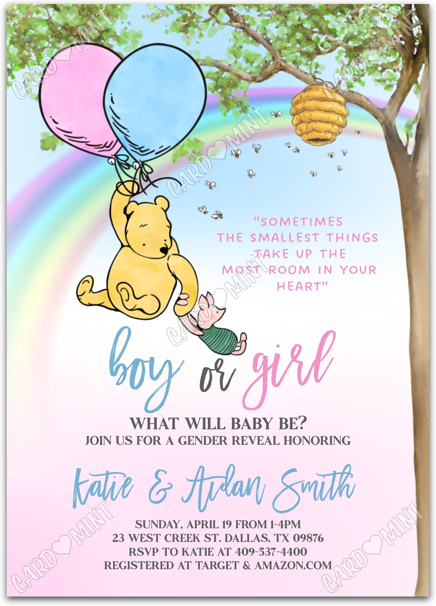 Editable Garçon ou Jeune fille pink/blue Classic Pooh & balloons Gender Reveal 5"x7" Invitation EV1493