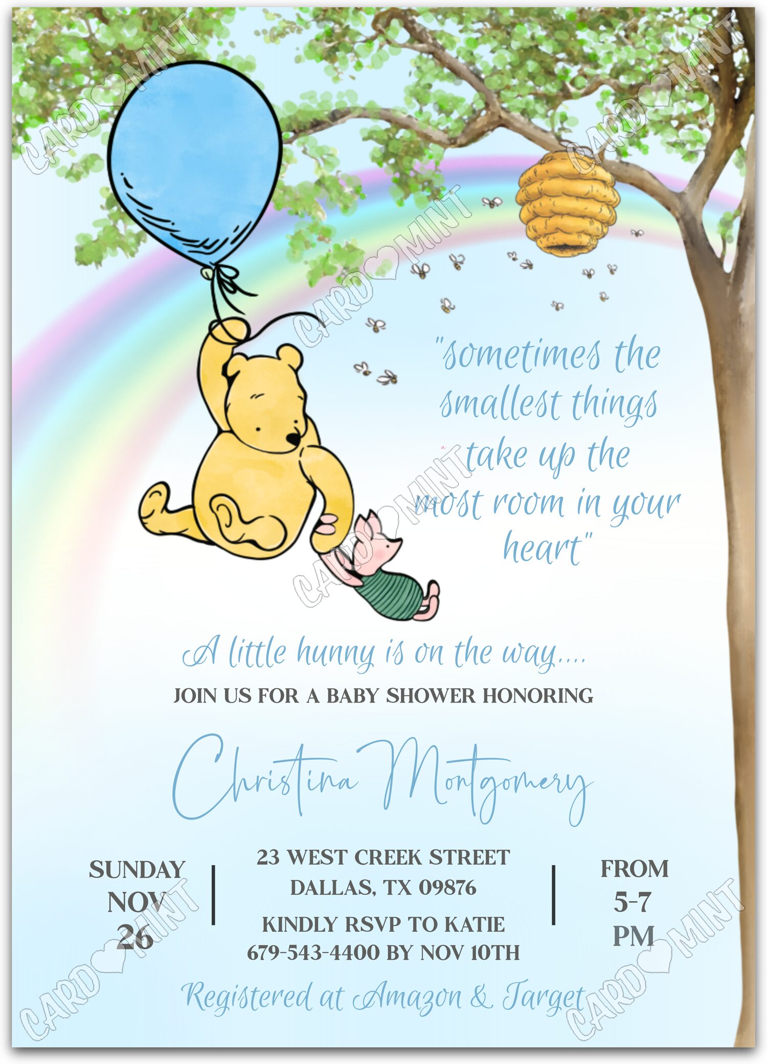 Editable Classic Pooh blue Classic Pooh & Piglet boy Baby Shower 5"x7" Invitation EV1494