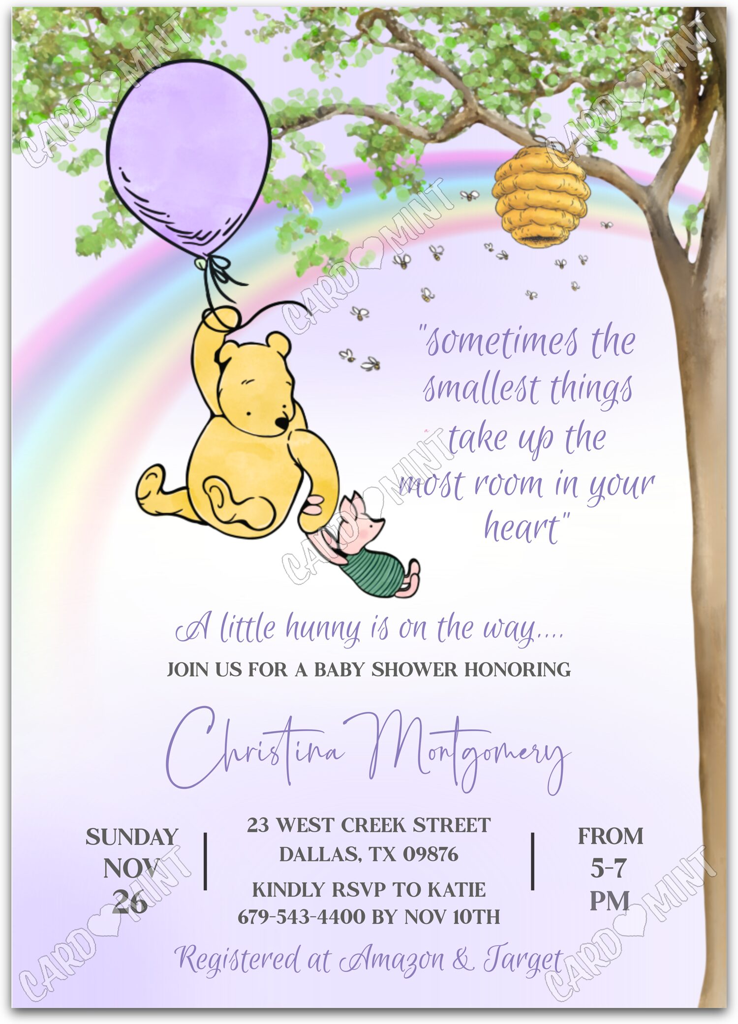 Editable A Little Hunny lavender Classic Pooh & balloon girl Baby Shower 5"x7" Invitation EV1495